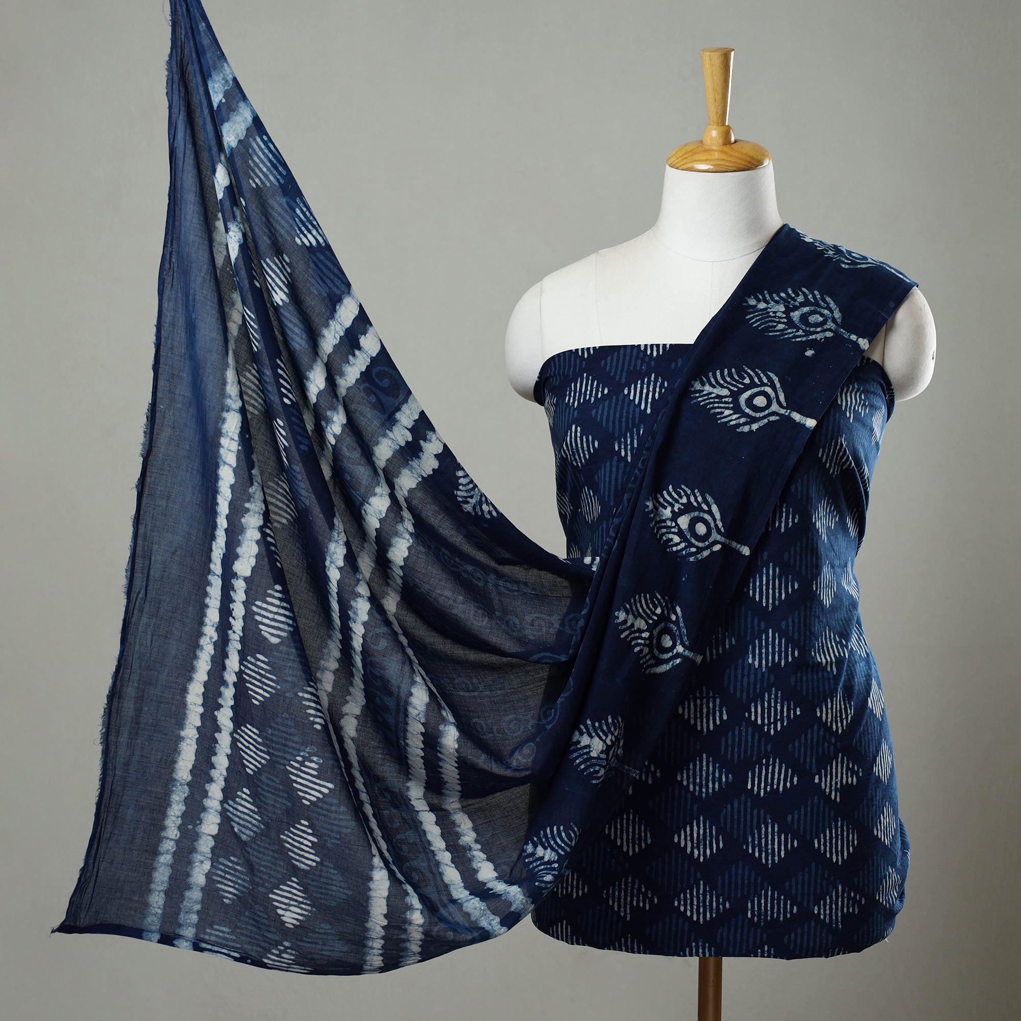 ARTISAN HAND BLOCK PRINTS Blue - 3pc Cotton Indigo Bagru Print Dress Material Set 21