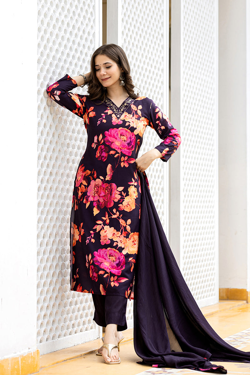 Ahika Purple Rayon Blend Floral Printed Straight Suit Set PKSKD2467 - view 2