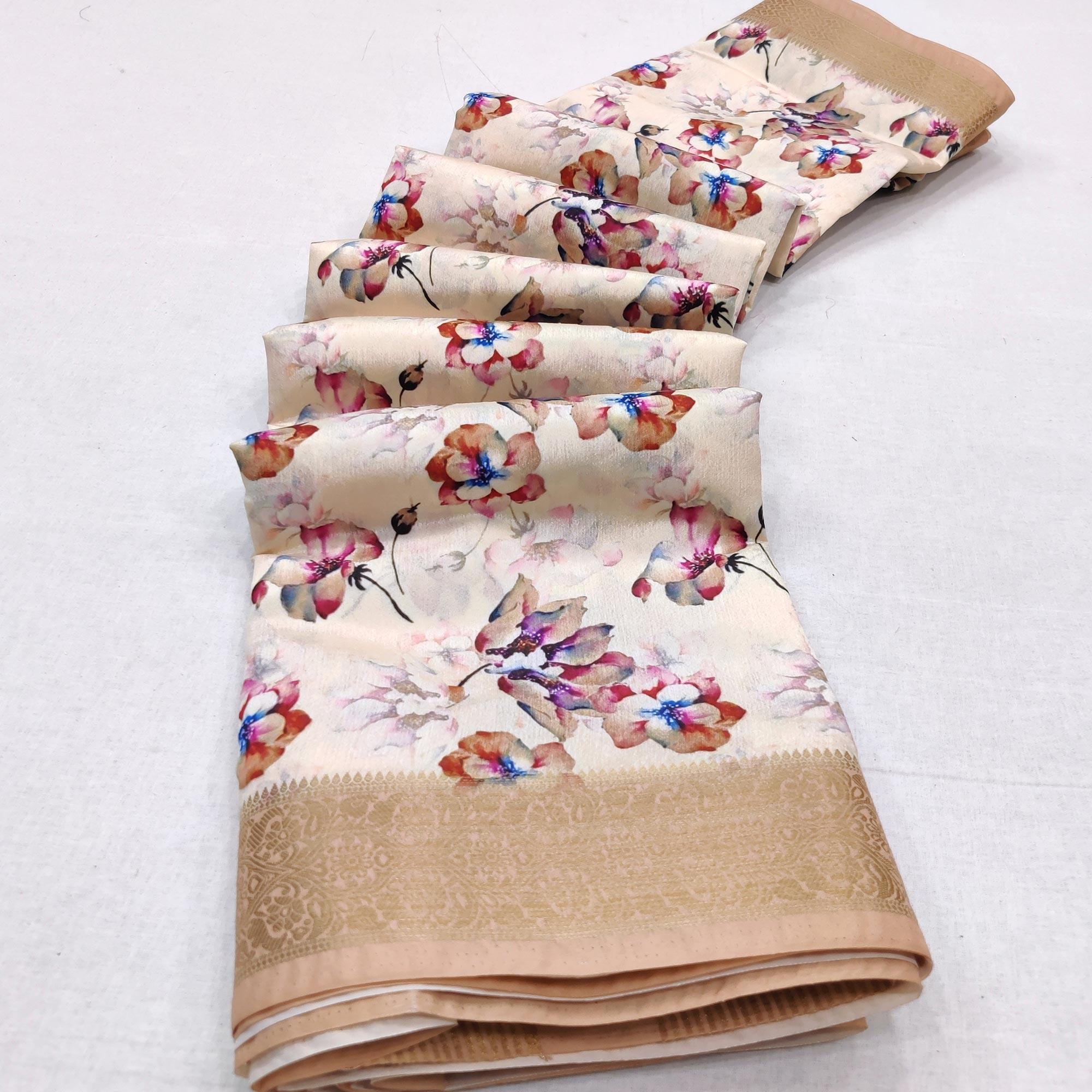 Peachmode Cream Digital Printed Dola Silk Saree - view 3
