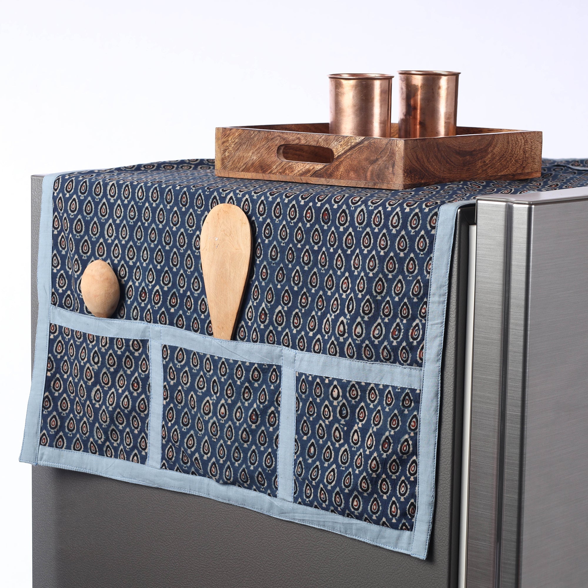 JALPARI Blue - Ajrakh Block Printed Cotton Fridge Top Cover with Multiple Pockets