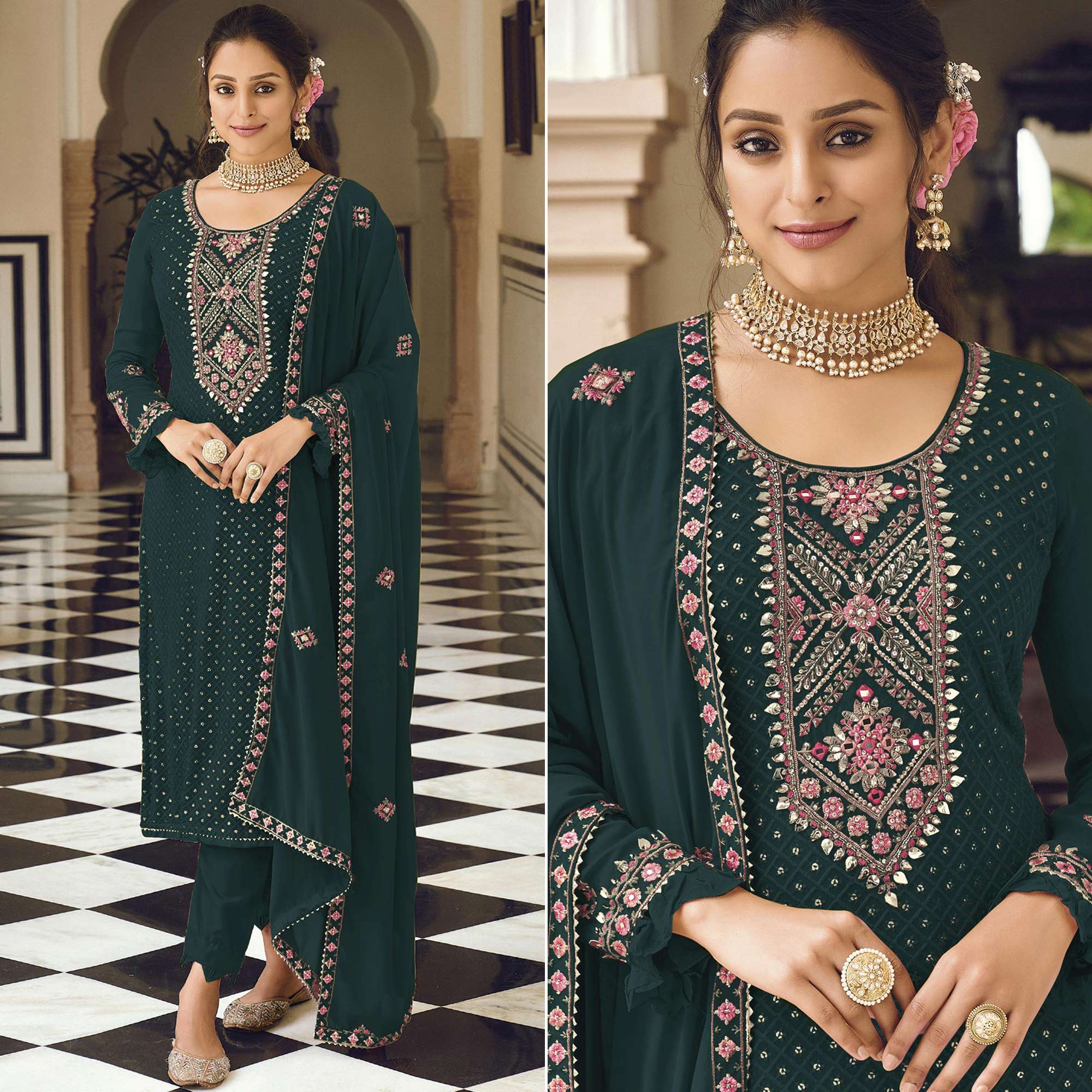 Peachmode Dark Green Sequins Embroidered Georgette Semi Stitched Salwar Suit