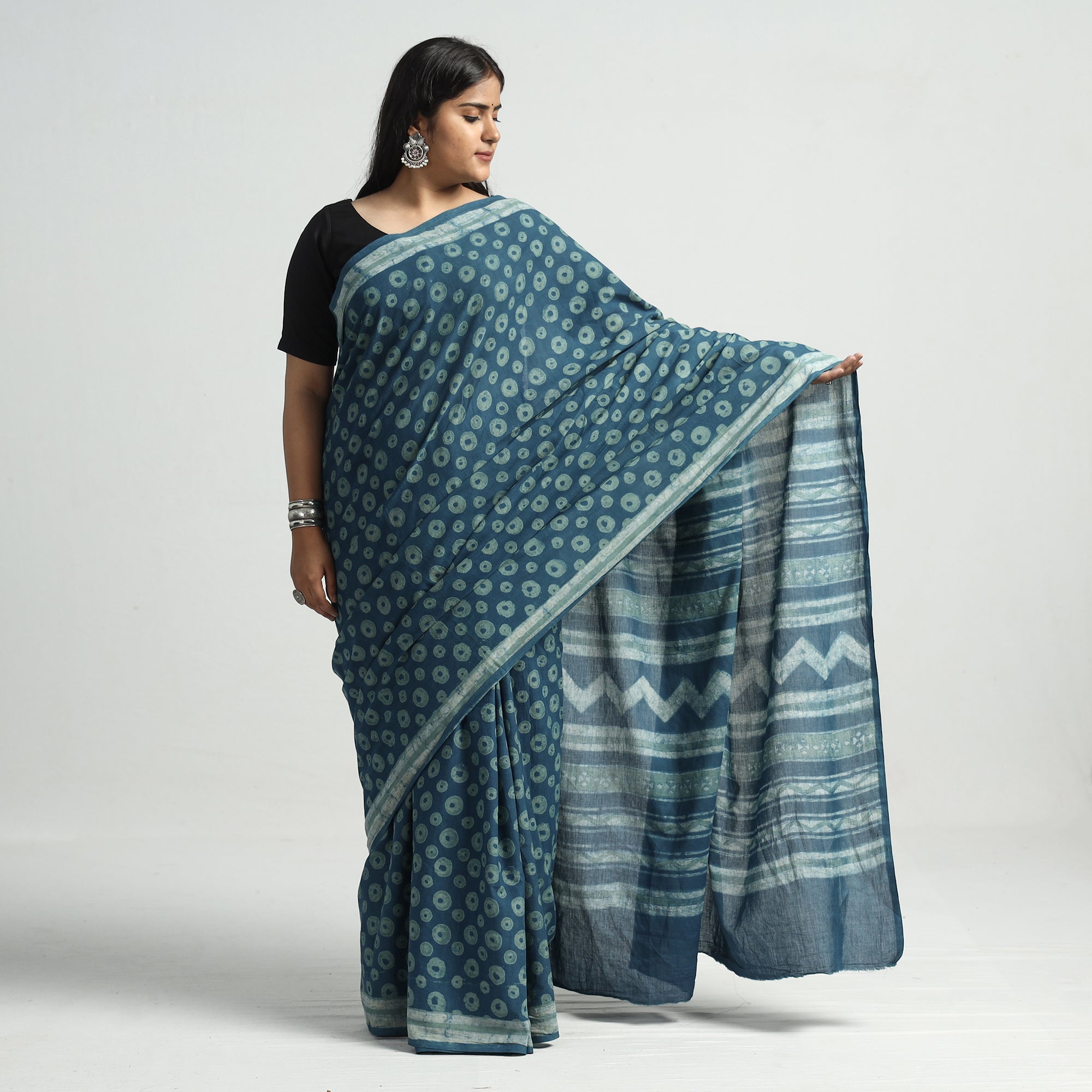 HAVELI CHRONICLES Blue - Akola Hand Block Printed Cotton Saree - view 2