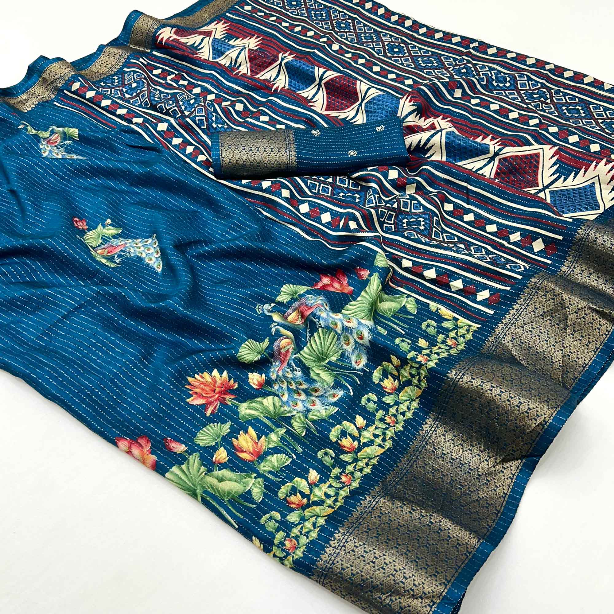 Peachmode Dark Teal Floral Printed Dola Silk Saree With Jacquard Border