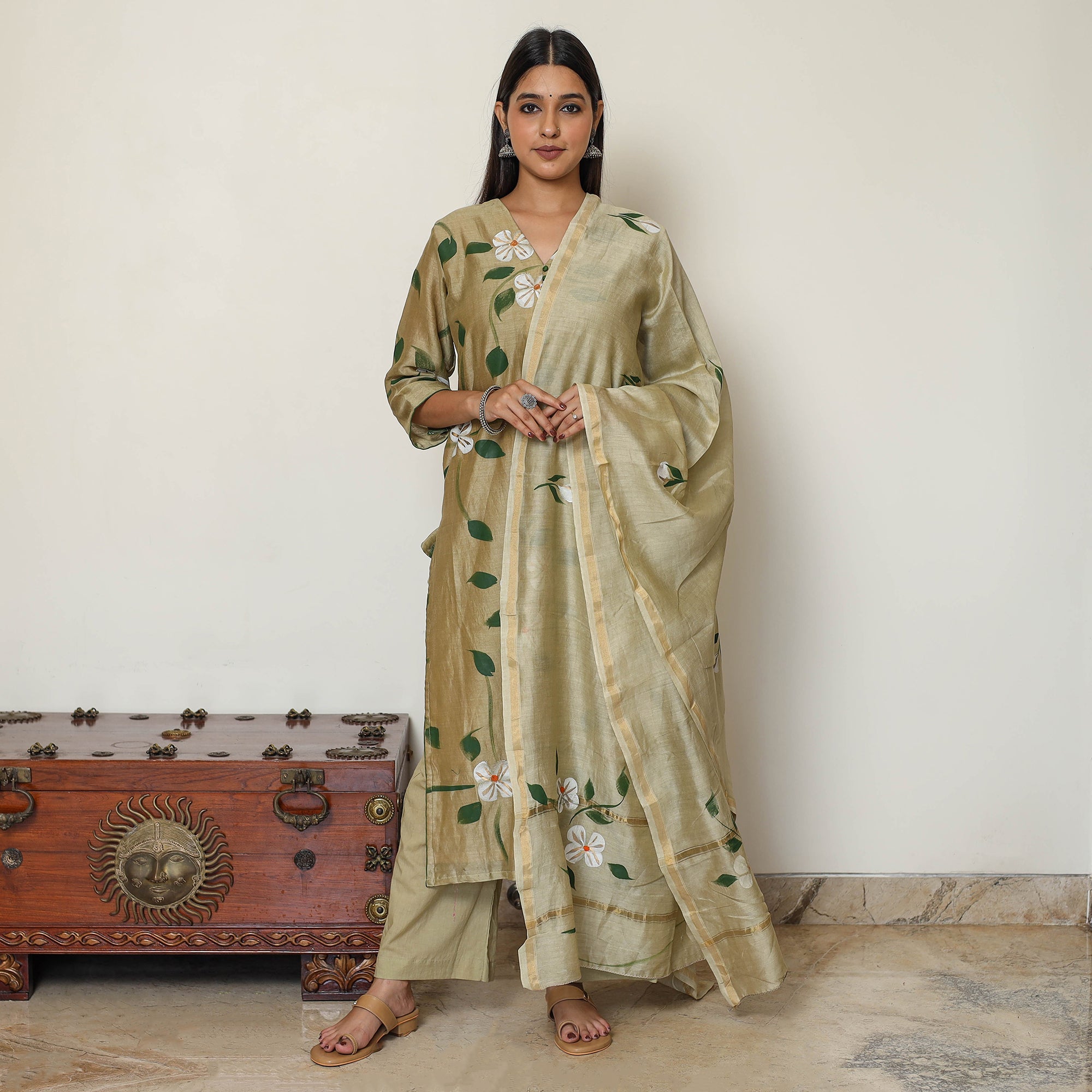 ITOKRI CASUALS Beige - Handpainted Chanderi Silk Kurta Set with Palazzo & Dupatta 01