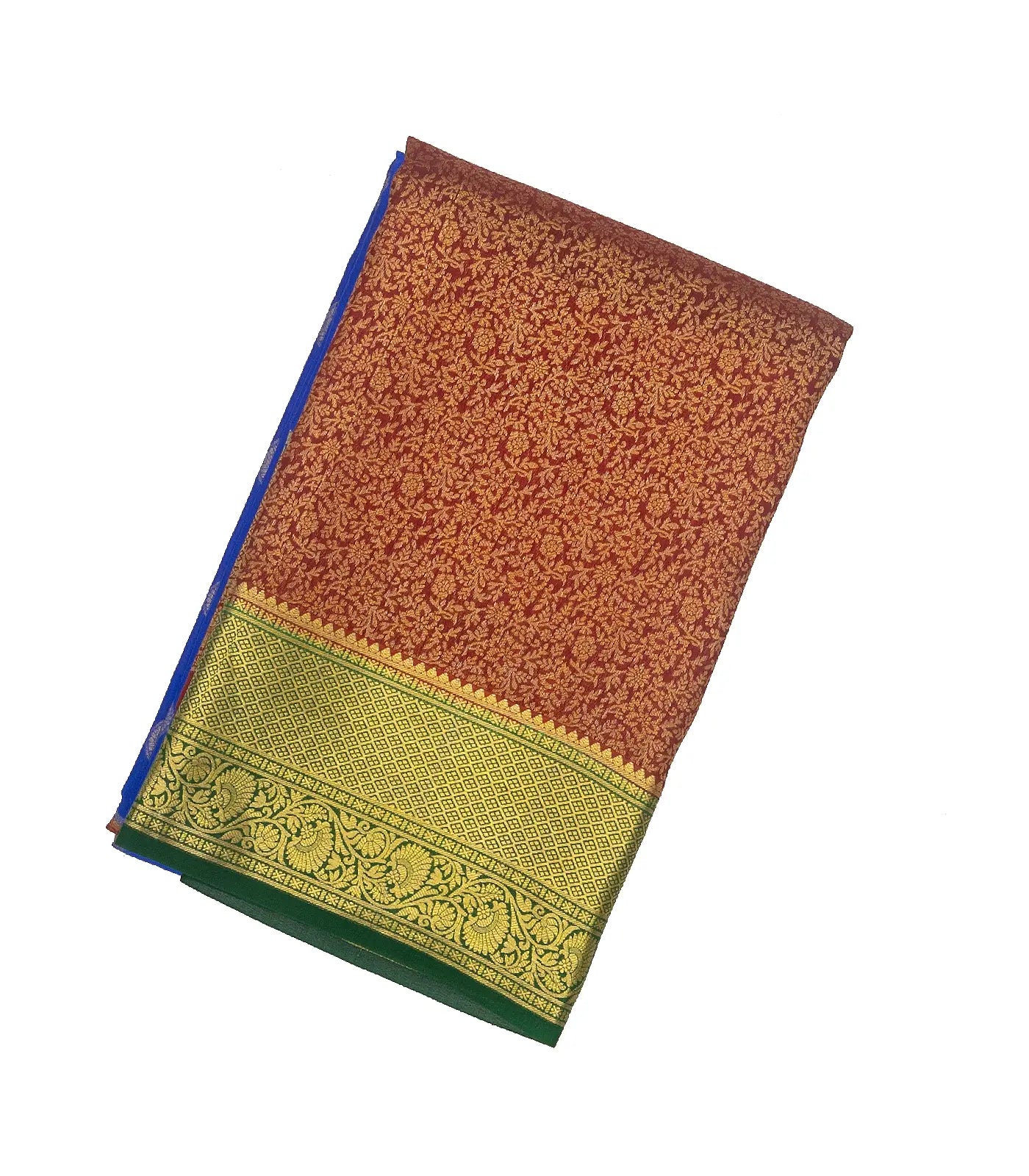 RmKV Blue & Crimson Mysore Crepe Half & Half Silk Saree With Floral Motifs