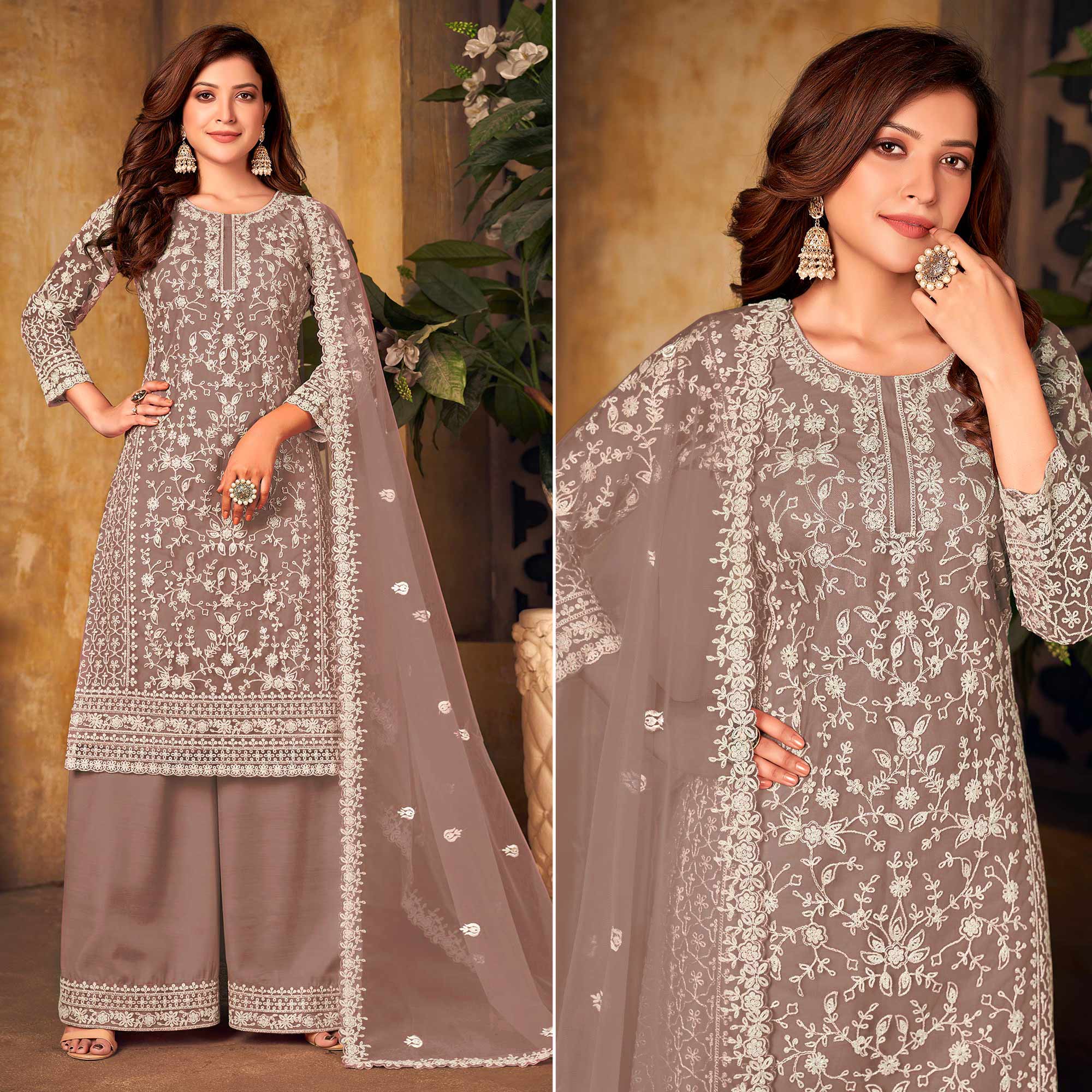 Peachmode Dusty Brown Floral Embroidered Net Semi Stitched Suit