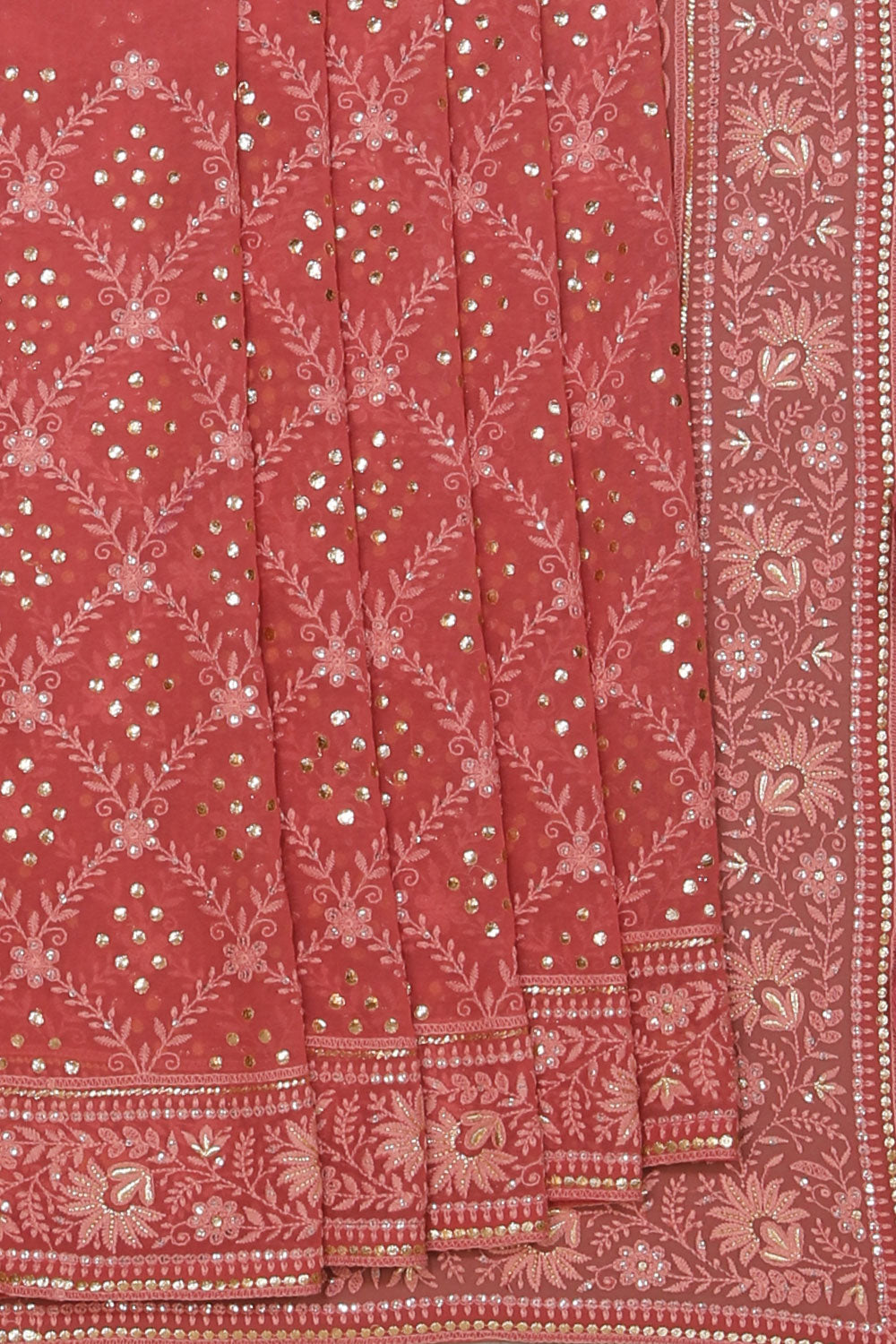 Kalanjali Georgette Coral-Pink Saree – Women's