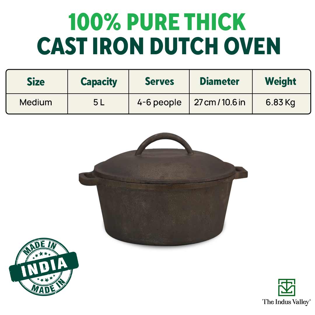 The Indus Valley CASTrong Cast Iron Dutch Oven/ Casserole with Lid,Pre-seasoned, 100% Pure, Toxin-free, Induction, 27cm, 5 Liter, 6.83kg - view 3