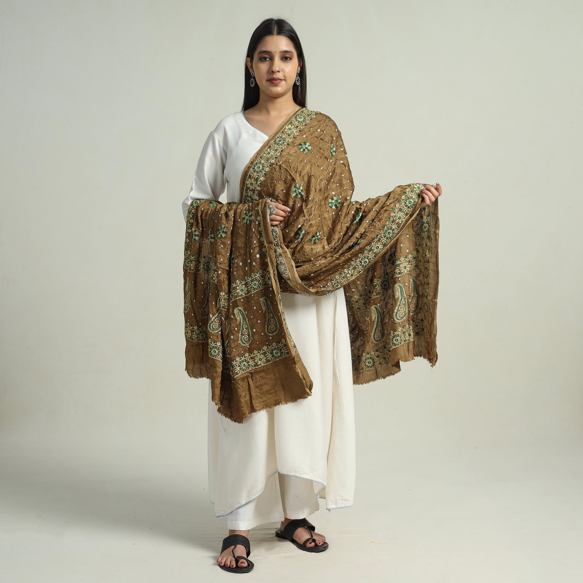 KACHCHH JI CHHAAP Brown - Kutch Bandhani Tie-Dye Modal Silk Zari Work Dupatta 60 - view 2