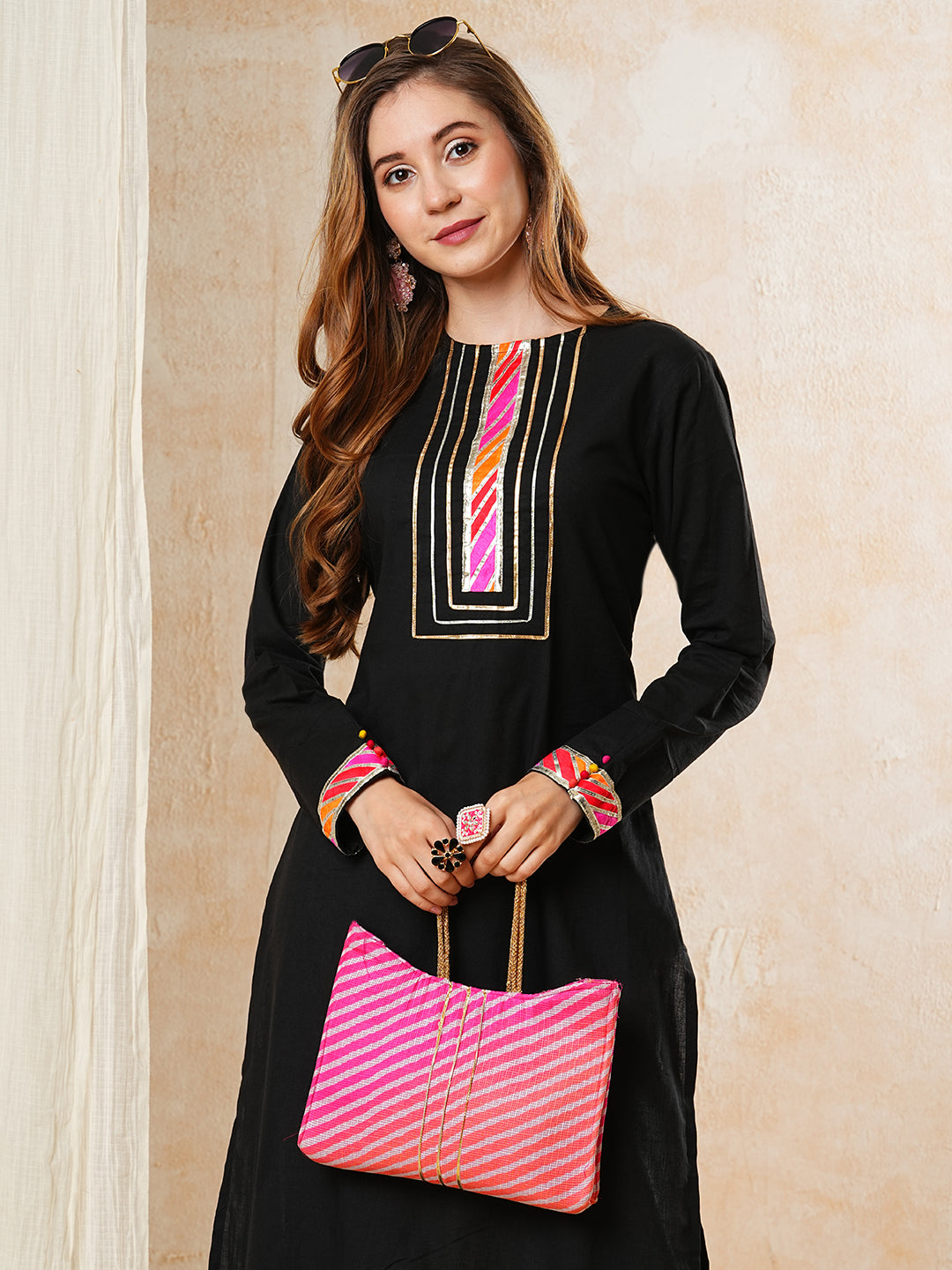 Fashor Solid Gota Embroidered Straight High-Low Kurta with Palazzo - Black - view 2