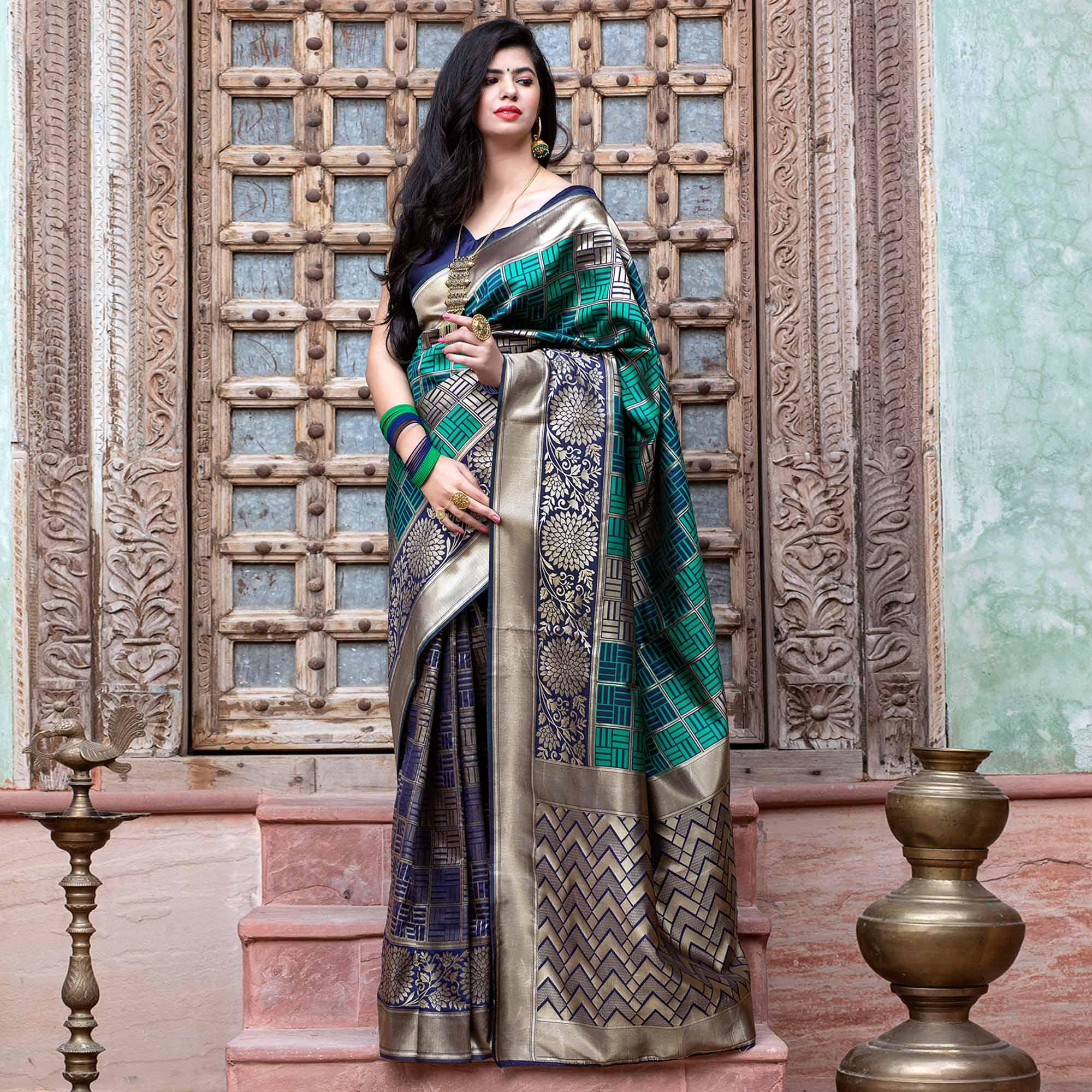 Peachmode Eye-catching Navy Blue Colored Festive Wear Woven Banarasi Silk Saree