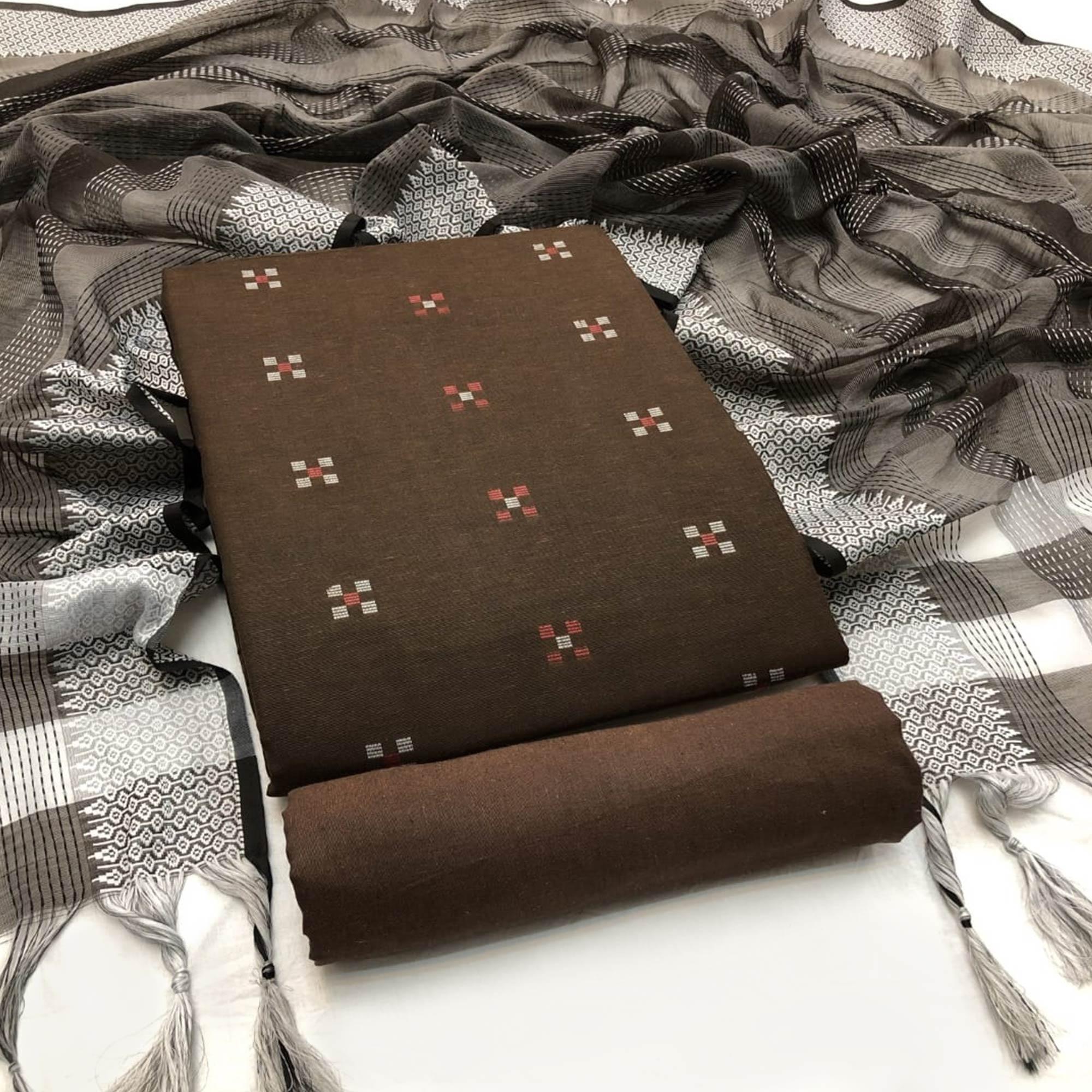 Peachmode Brown Embroidered Pure Cotton Dress Material