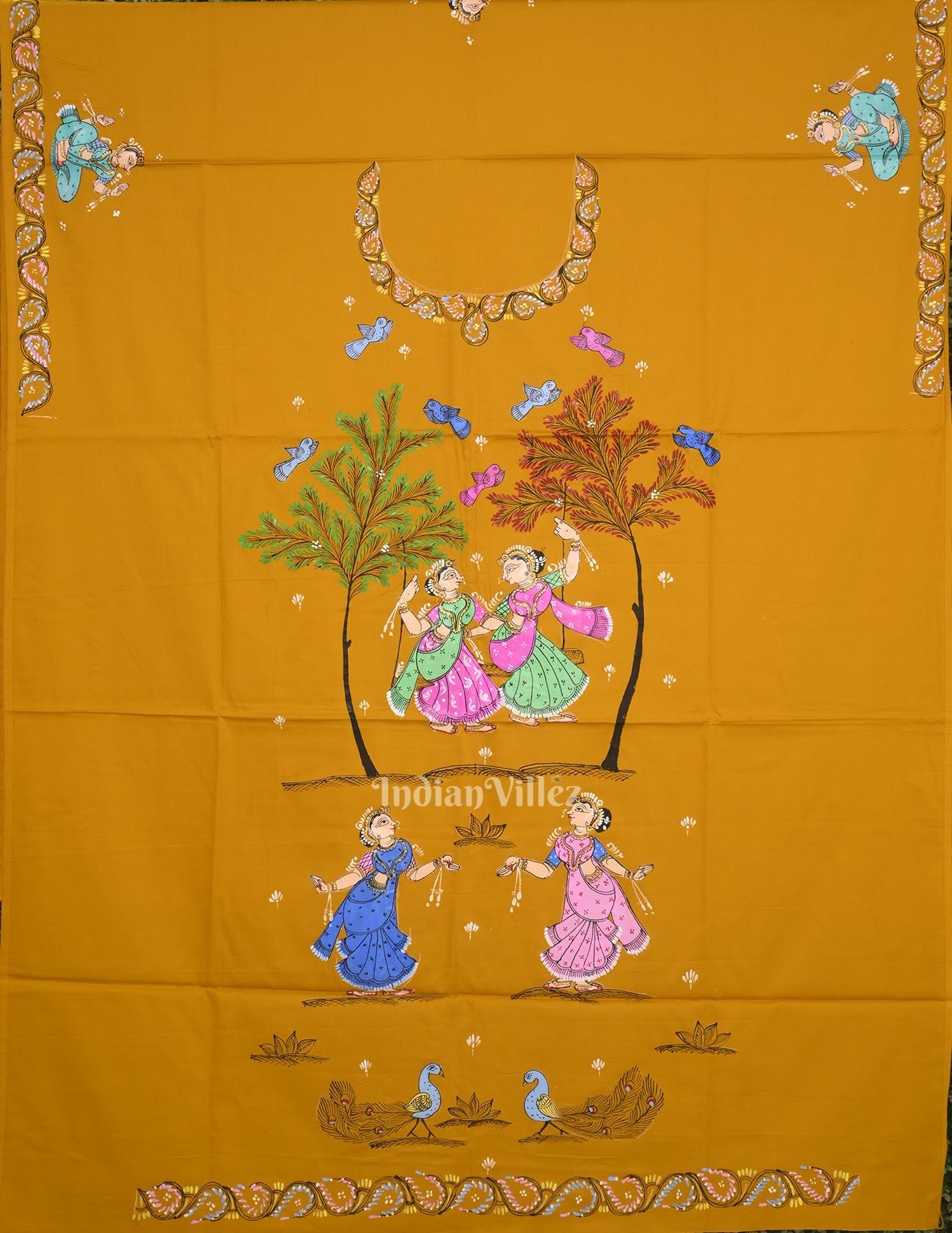 IndianVillèz Mustard Yellow Pattachitra Doli Theme Kurti Dress Material