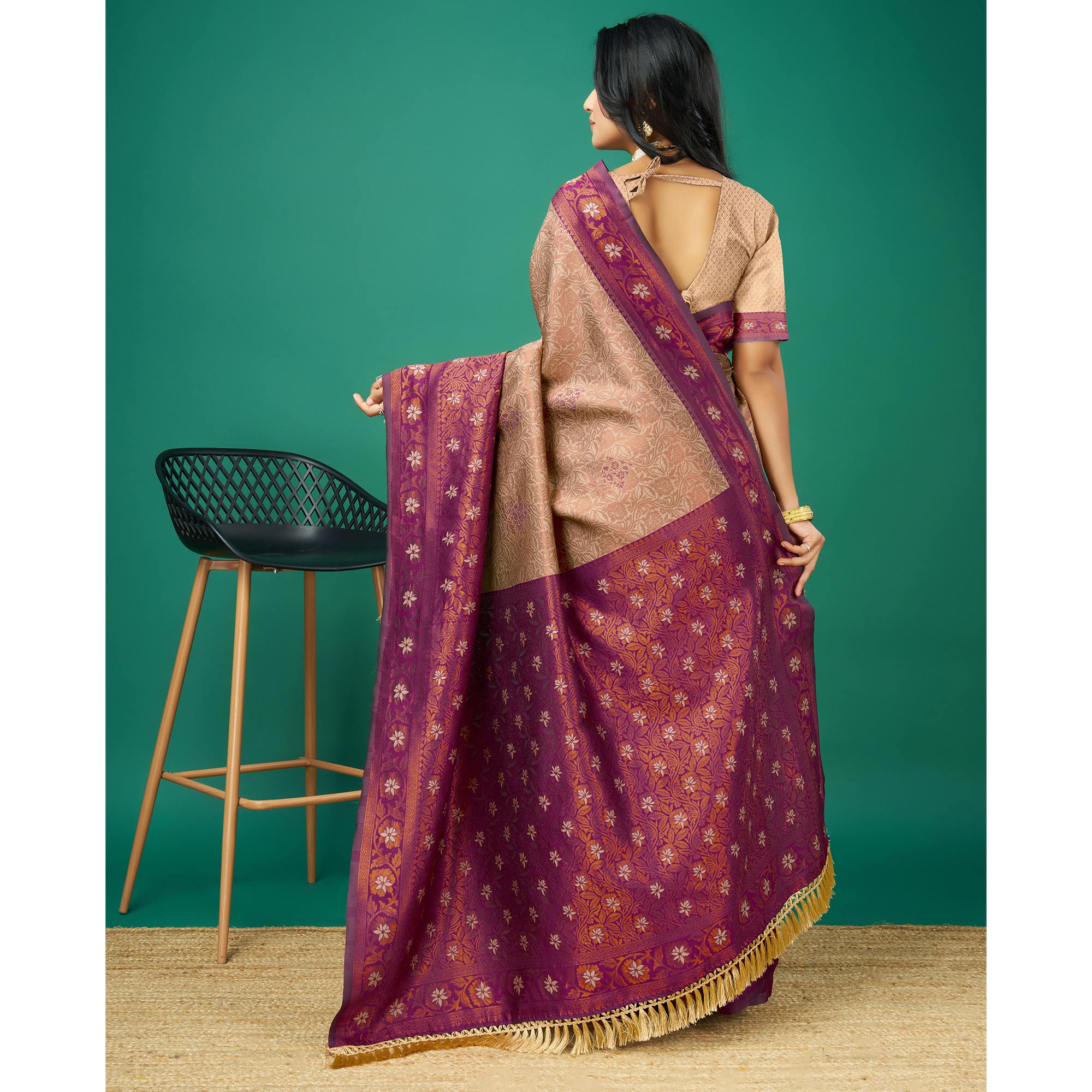 Peachmode Chikoo Zari Woven Banarasi Silk Saree With Tassels - view 6