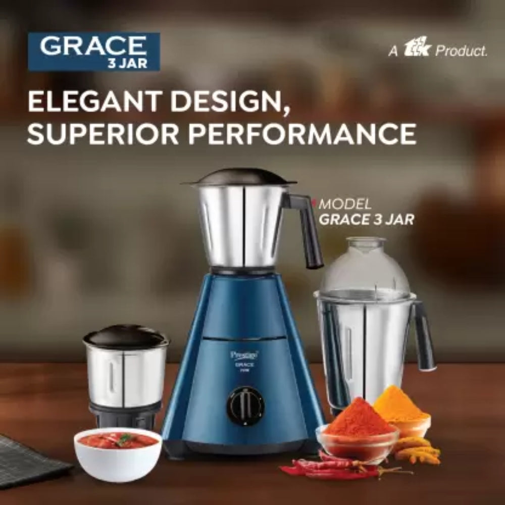 Prestige Grace 750W Mixer Grinder with 3 Stainless Steel Jars | Blue - view 2