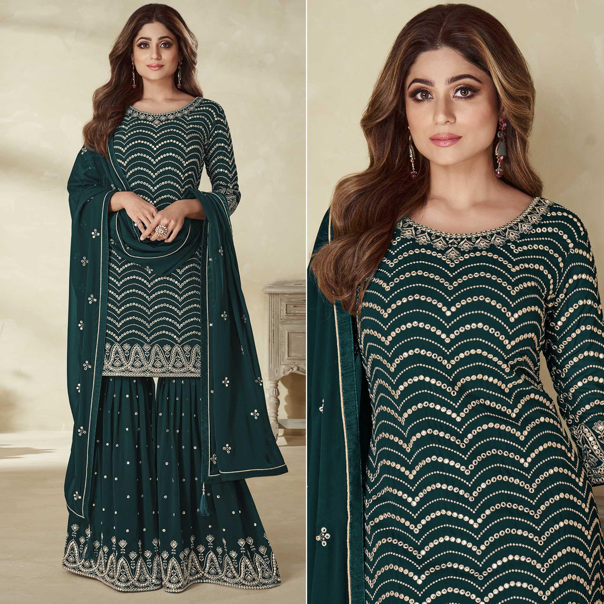 Peachmode Morpich Embroidered Georgette Sharara Suit