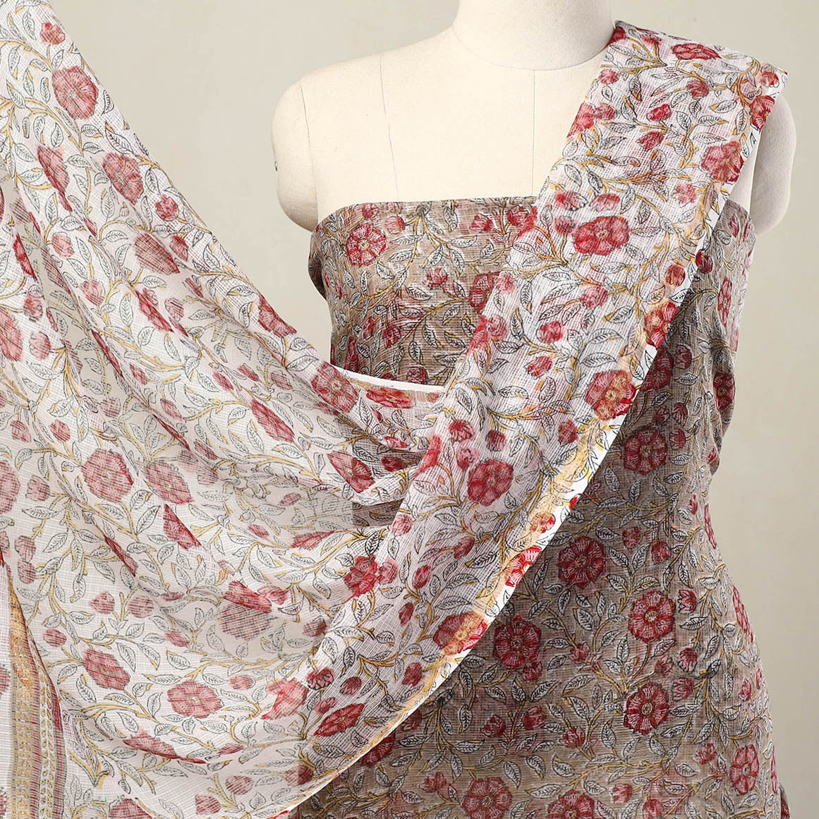 ARTISAN HAND BLOCK PRINTS Brown - 3pc Sanganeri Block Print Kota Cotton Dress Material 14 - view 3