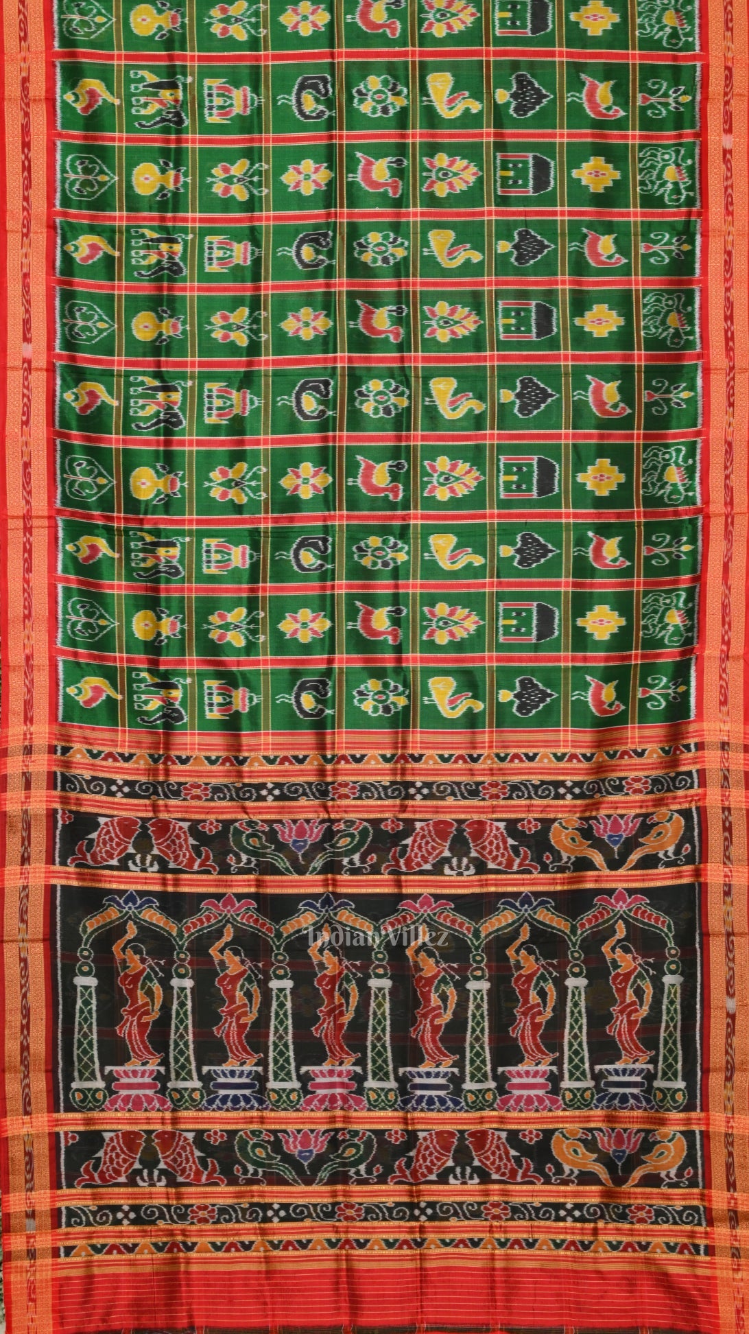 IndianVillèz Green Nabakothi Odisha Ikat Khandua Silk Saree with Nartaki Pallu