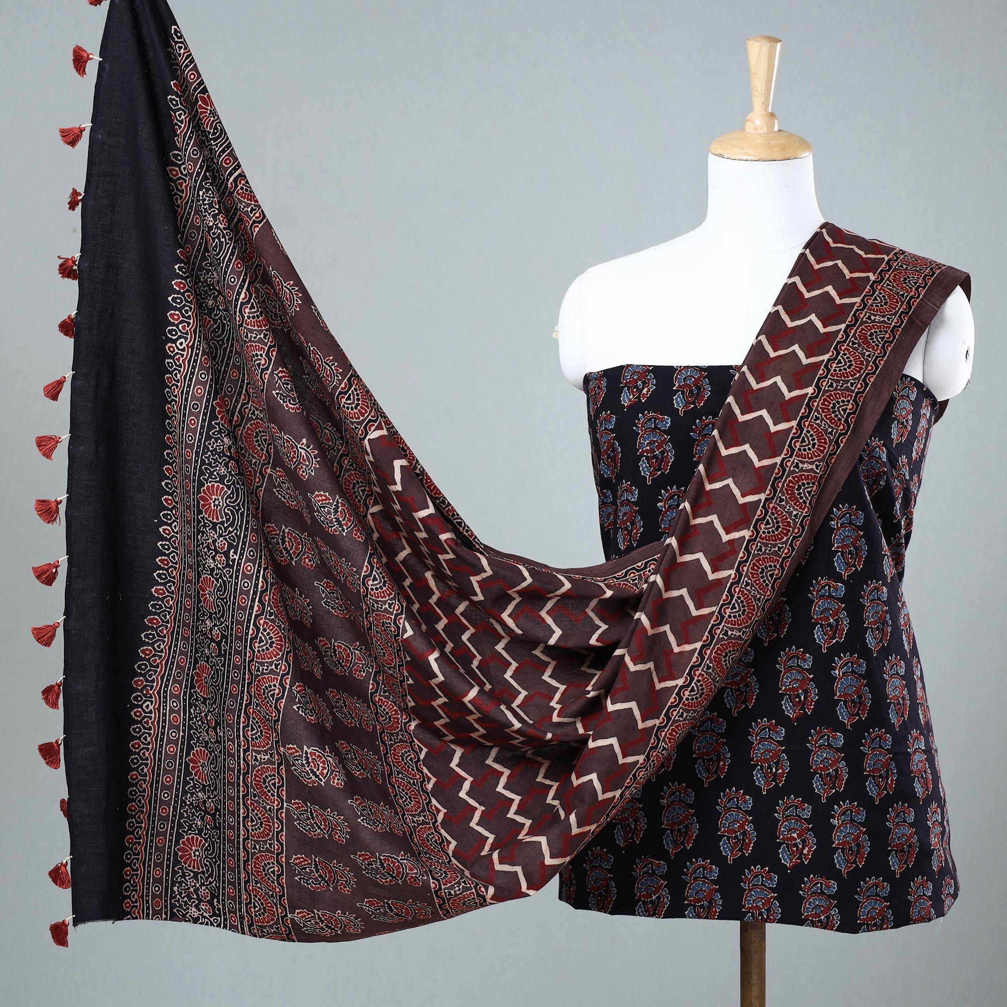 AJRAKH BY JABBAR KHATRI Black - 3pc Ajrakh Block Printed Cotton Suit Material Set