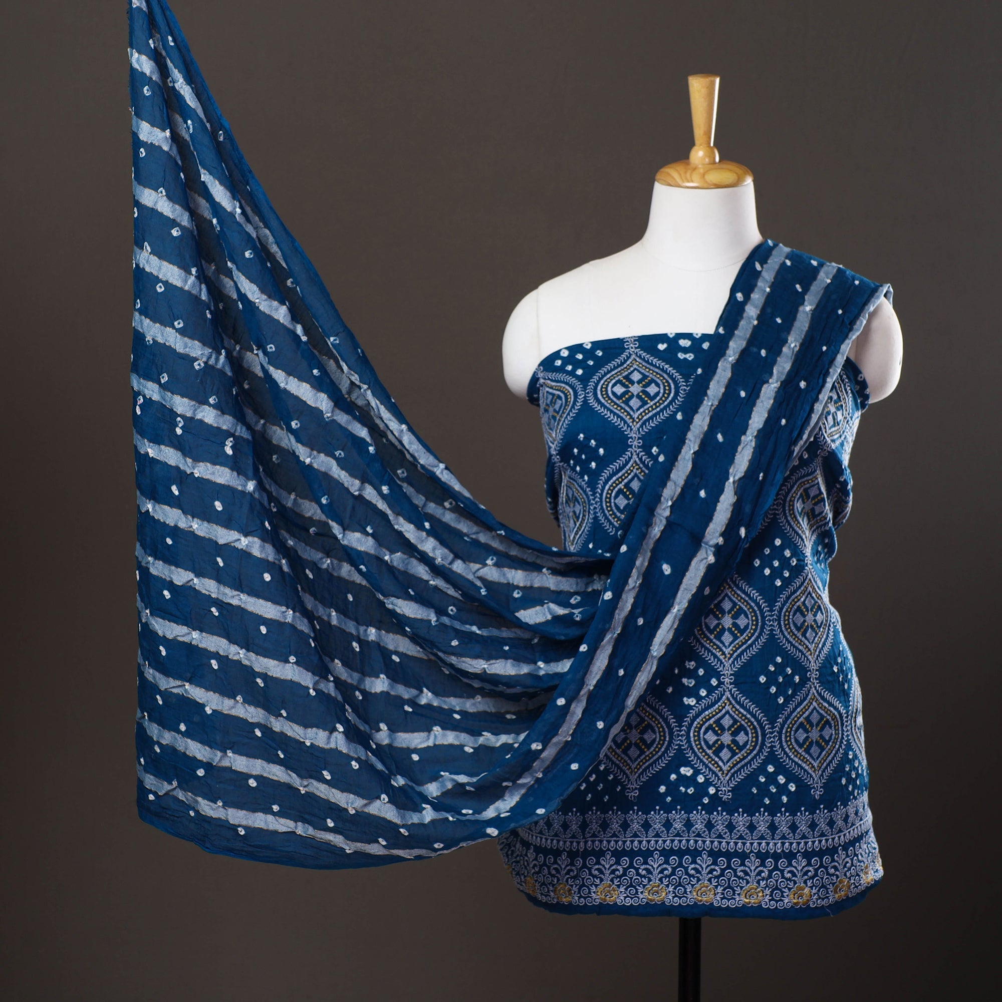 KACHCHH JI CHHAAP Blue - 3pc Satin Cotton Kutch Bandhani Dress Material 13