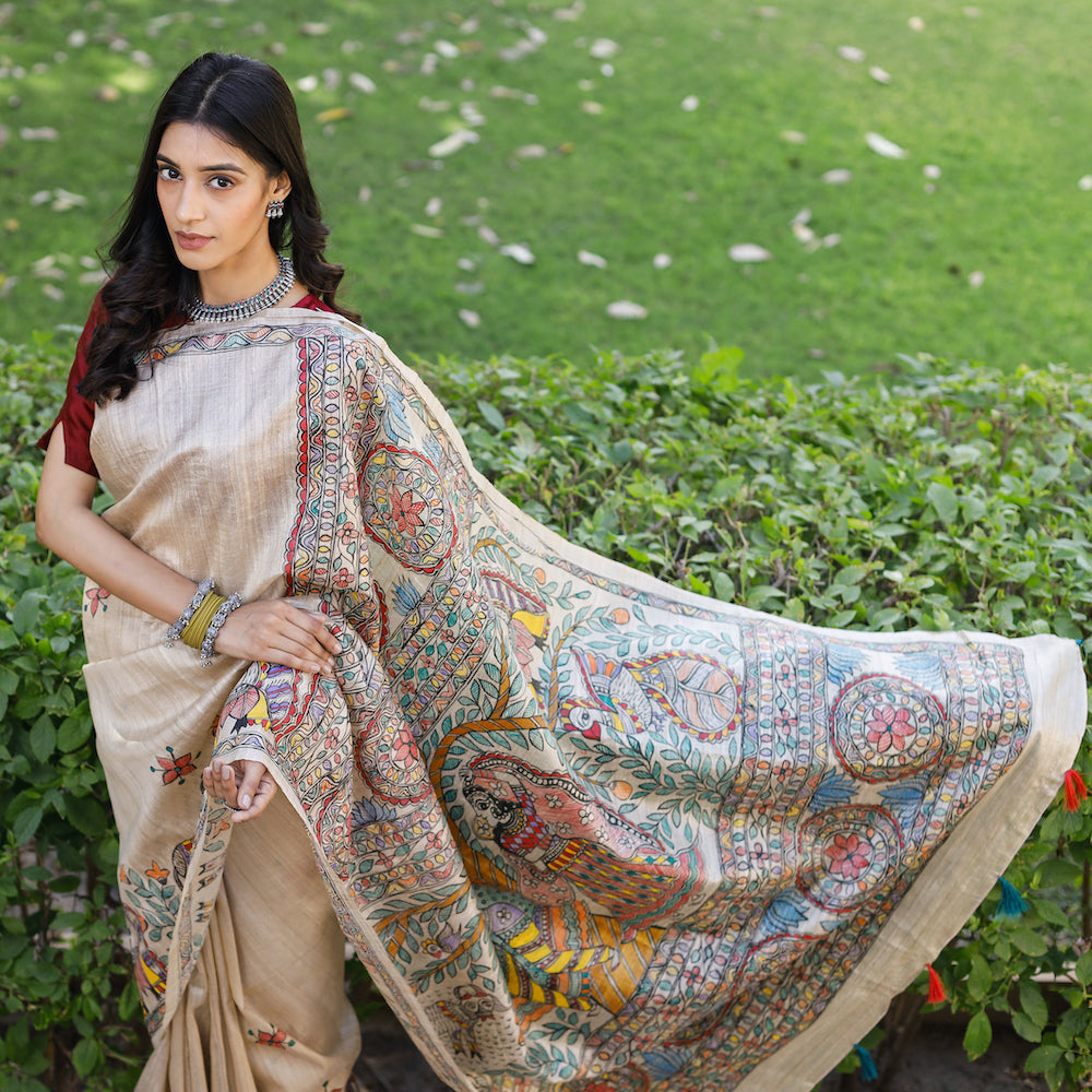DIORAMA DESIGNS Beige - Madhubani Hand-Painted Krishna Raas Tussar Silk Saree