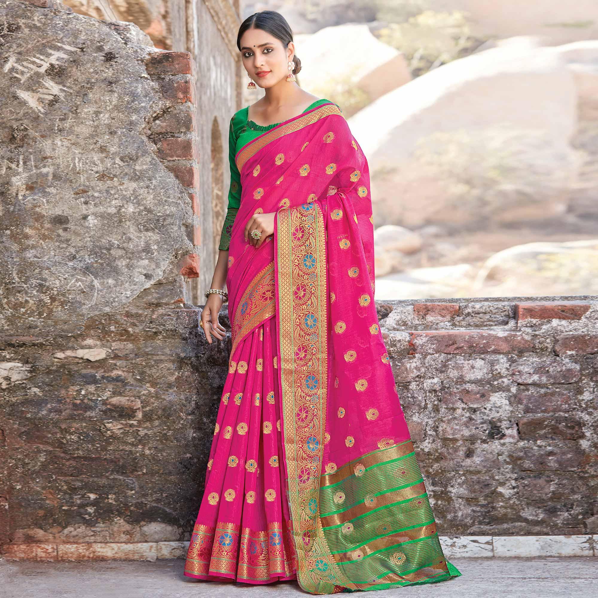 Peachmode Capricious Pink Colored Festive Wear Woven Cotton Handloom Saree