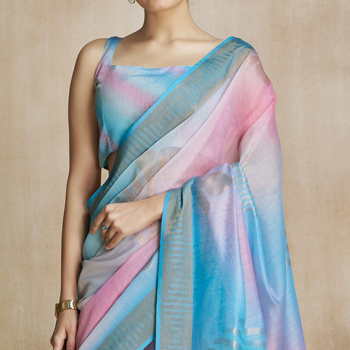 Peachmode Blue Digital Printed With Woven Pure Silk Ombre Saree - view 3