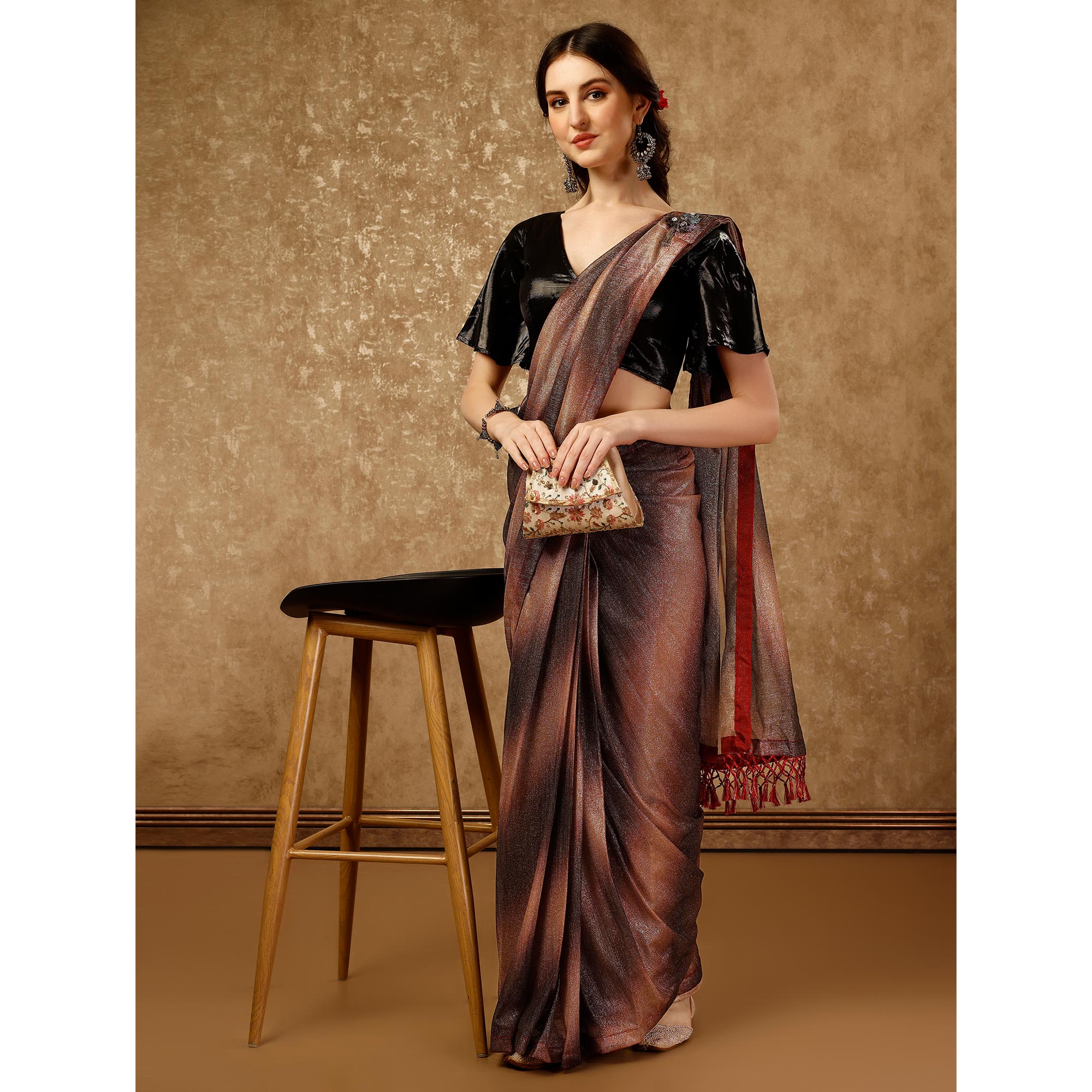 Peachmode Seller Brown Ombre Printed Lycra Ready To Wear Saree - view 4