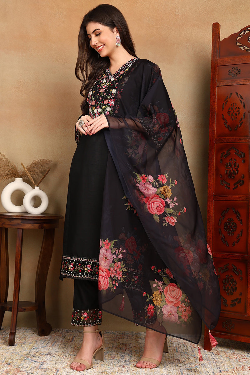 Ahika Black Silk Blend Solid Embroidered Straight Trouser Bottom Suit Set PKSKD2474