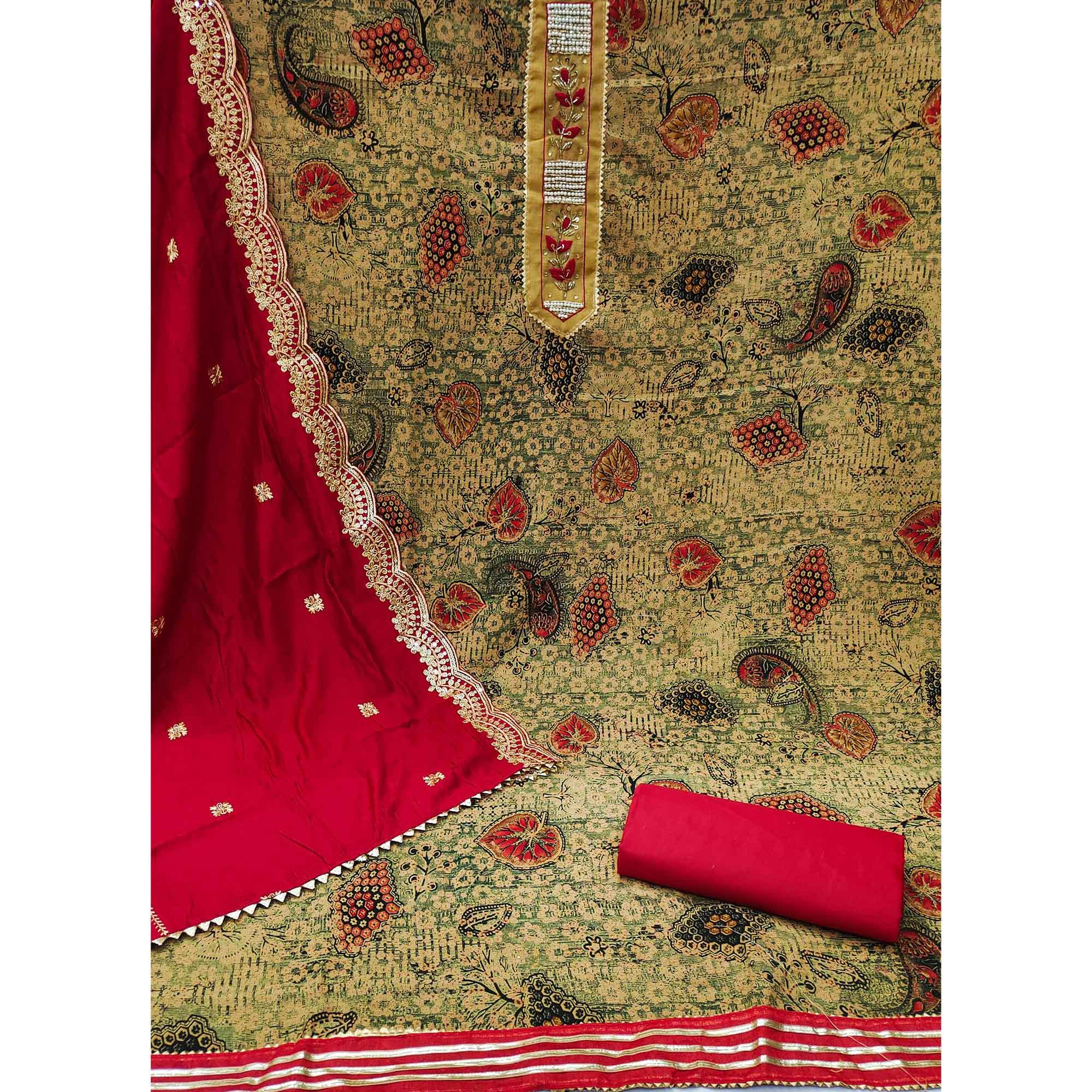 Peachmode Cream Printed With Embellished Pure Cotton Dress Material - view 3