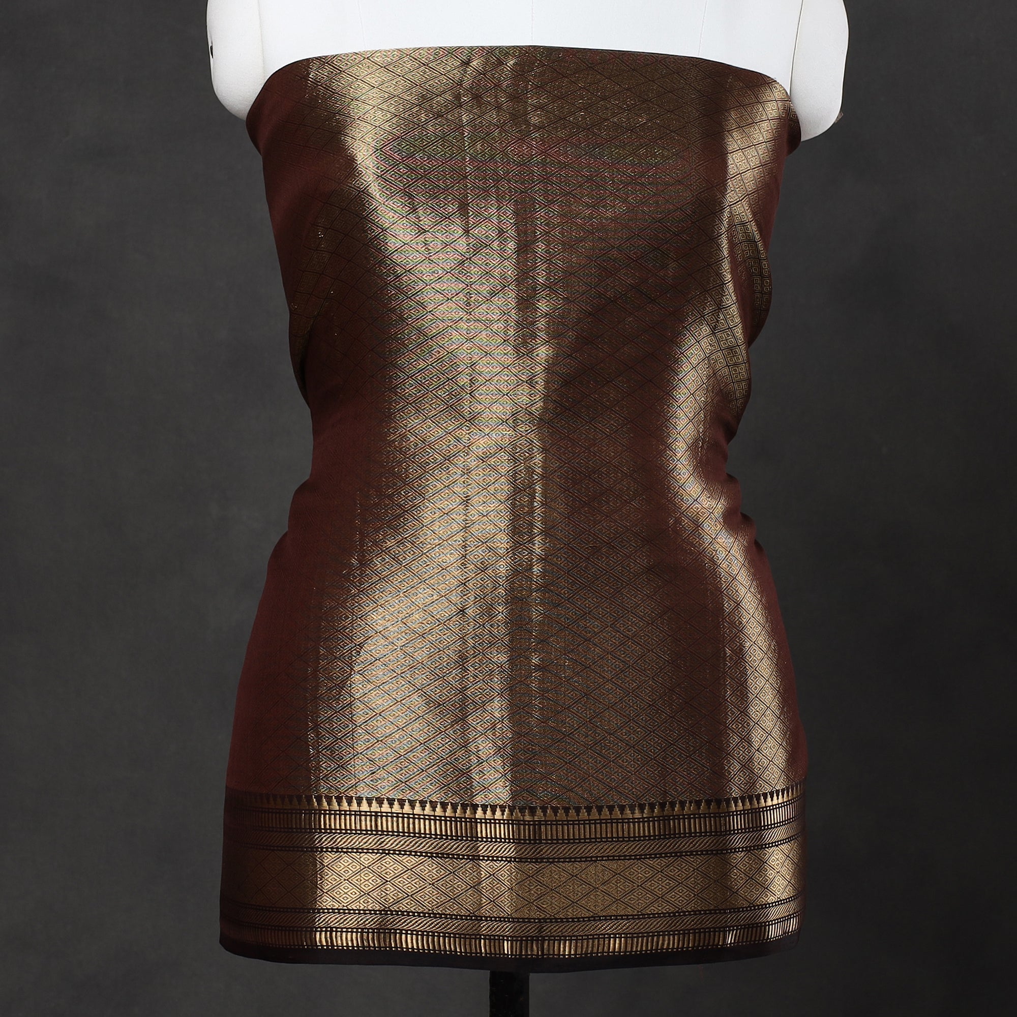 ITOKRI CRAFTS INITIATIVE Brown - 2pc Tissue Zari Handloom Cotton Maheshwari Dress Material - view 3