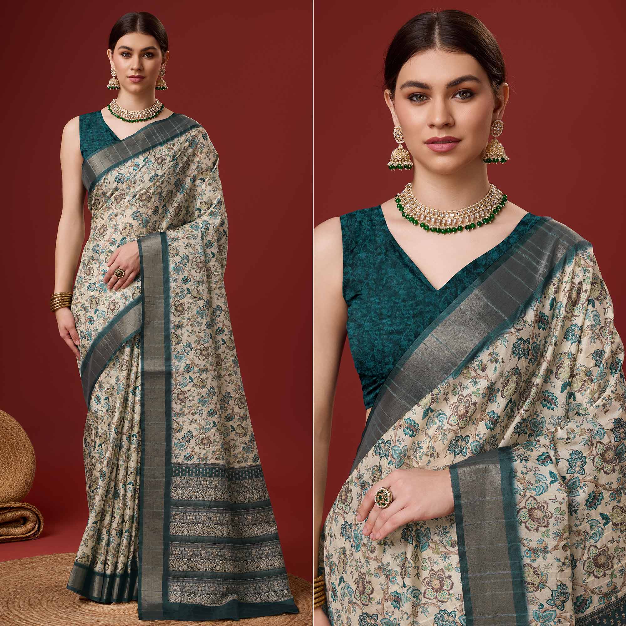 Peachmode Dusty Cream Digital Printed Cotton Silk Saree