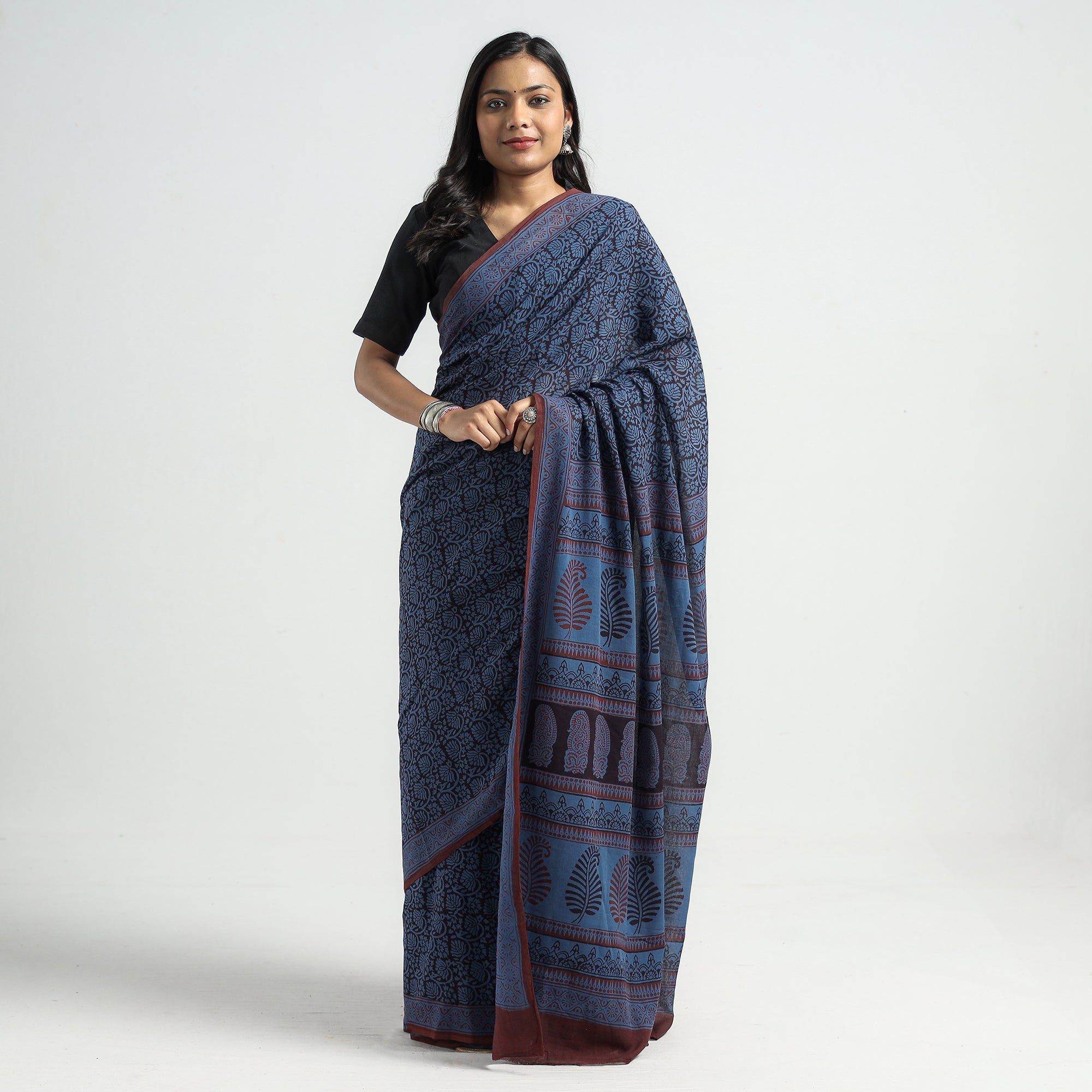 BAGH PRINTS BY YAKOOB KHATRI Blue - Bagh Hand Block Printed Cotton Saree