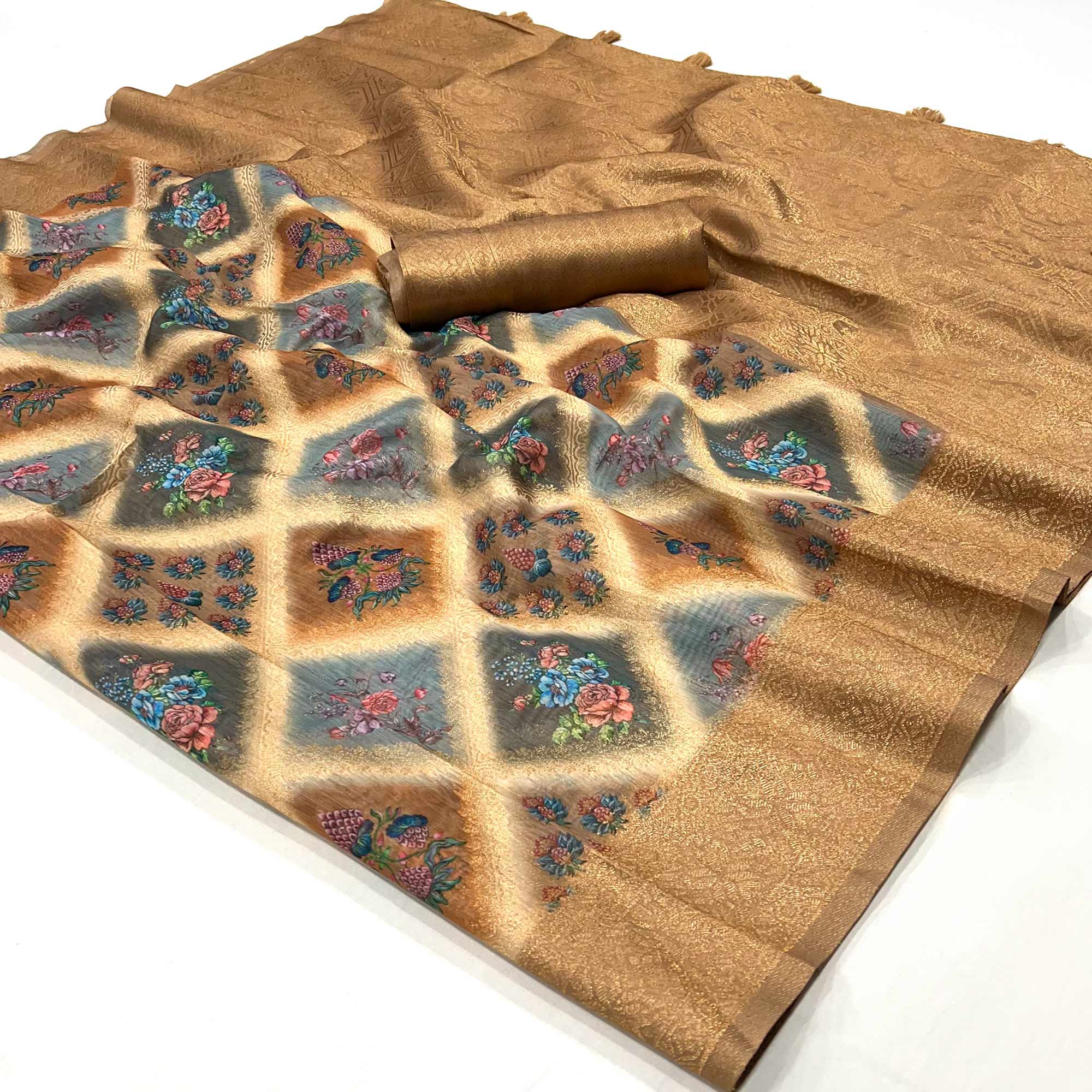 Peachmode Brown Woven With Floral Digital Printed Cotton Saree