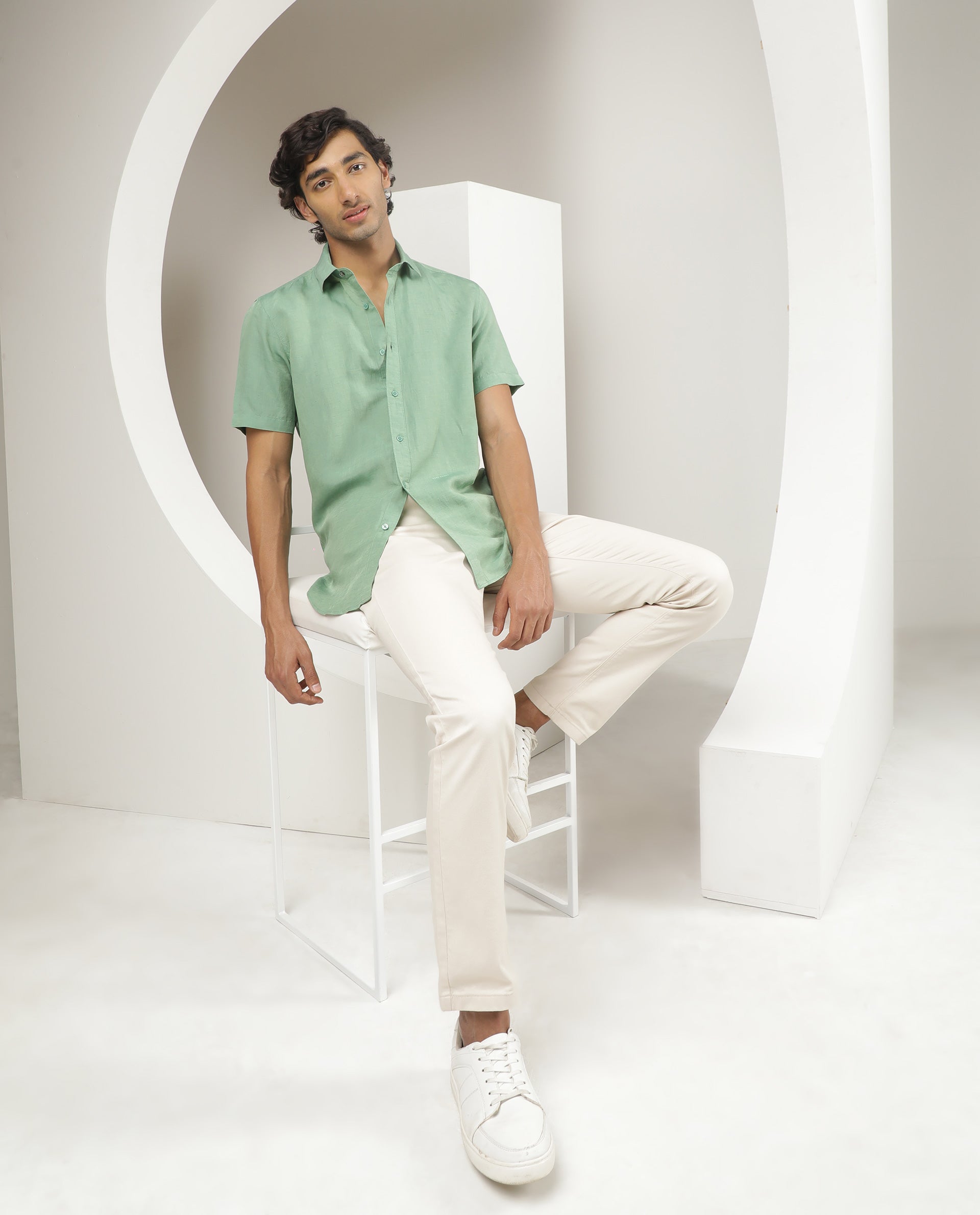 Rare Rabbit Men's Mik Light Green Modal Linen Fabric Half Sleeves Solid Shirt - view 2