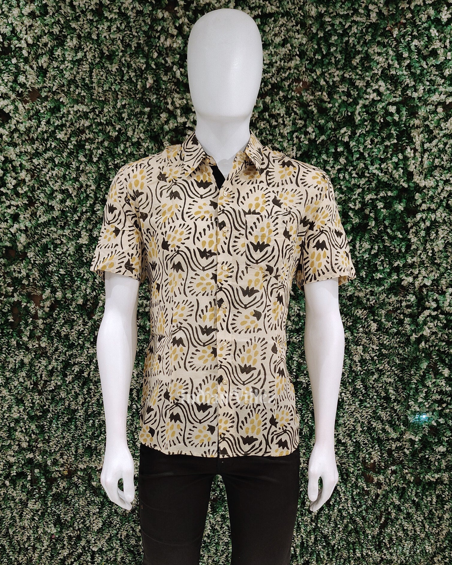 IndianVillèz Off White With Black Block Printed Half Sleeve Shirt for Men