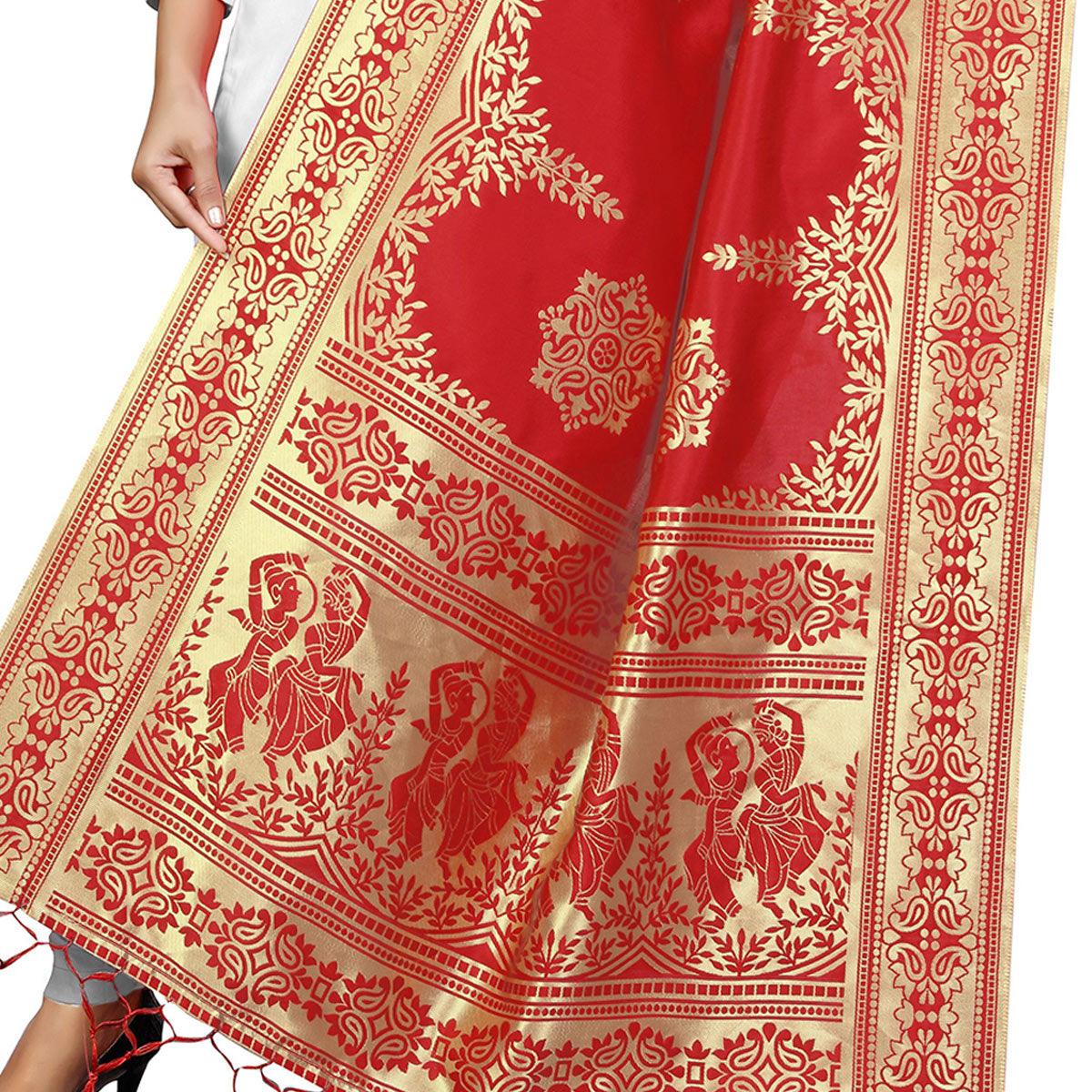 Peachmode Seller Breathtaking Red Colored Festive Wear Banarasi Silk Dupatta - view 2