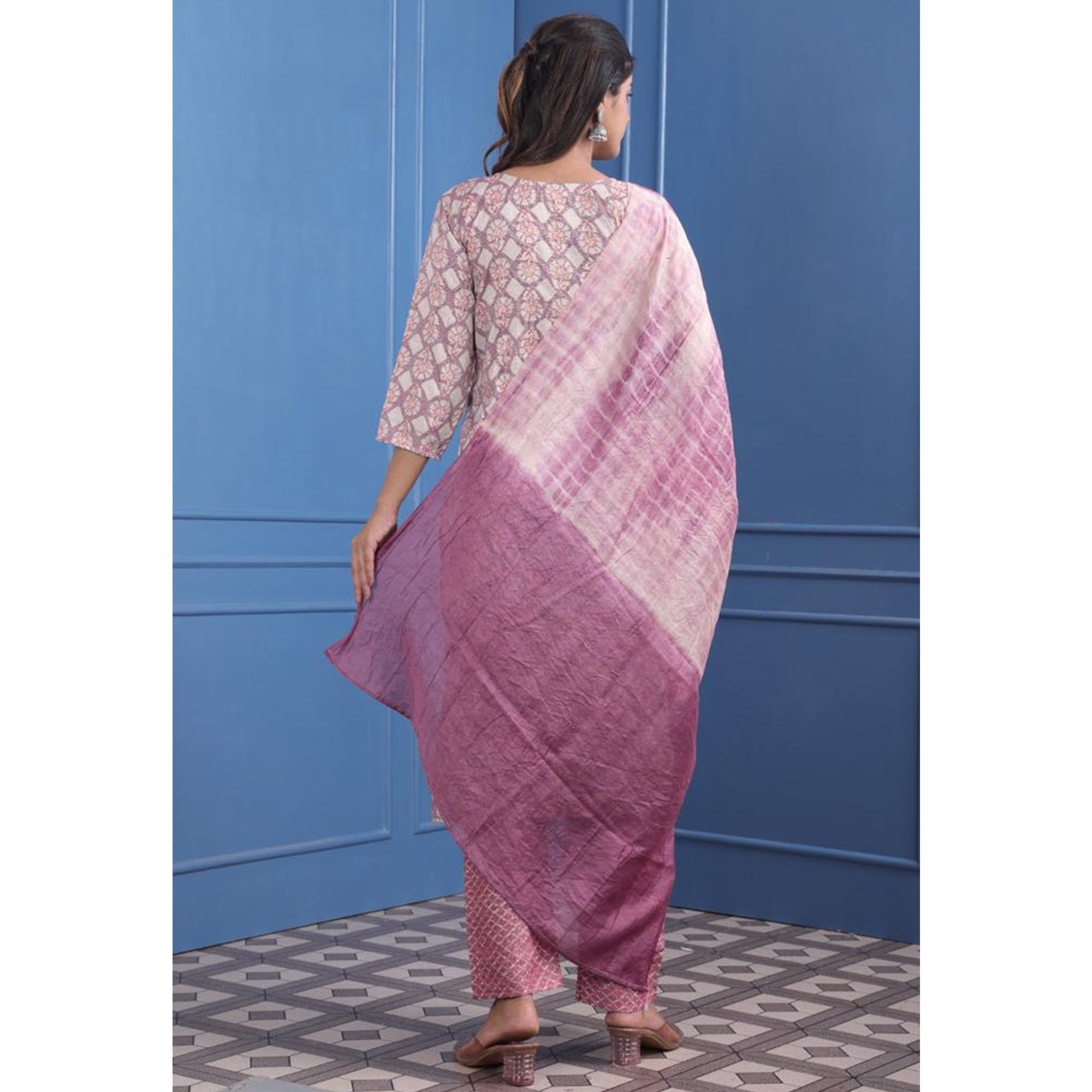 Peachmode Seller Mauve Floral Printed With Embroidered Rayon Suit - view 7