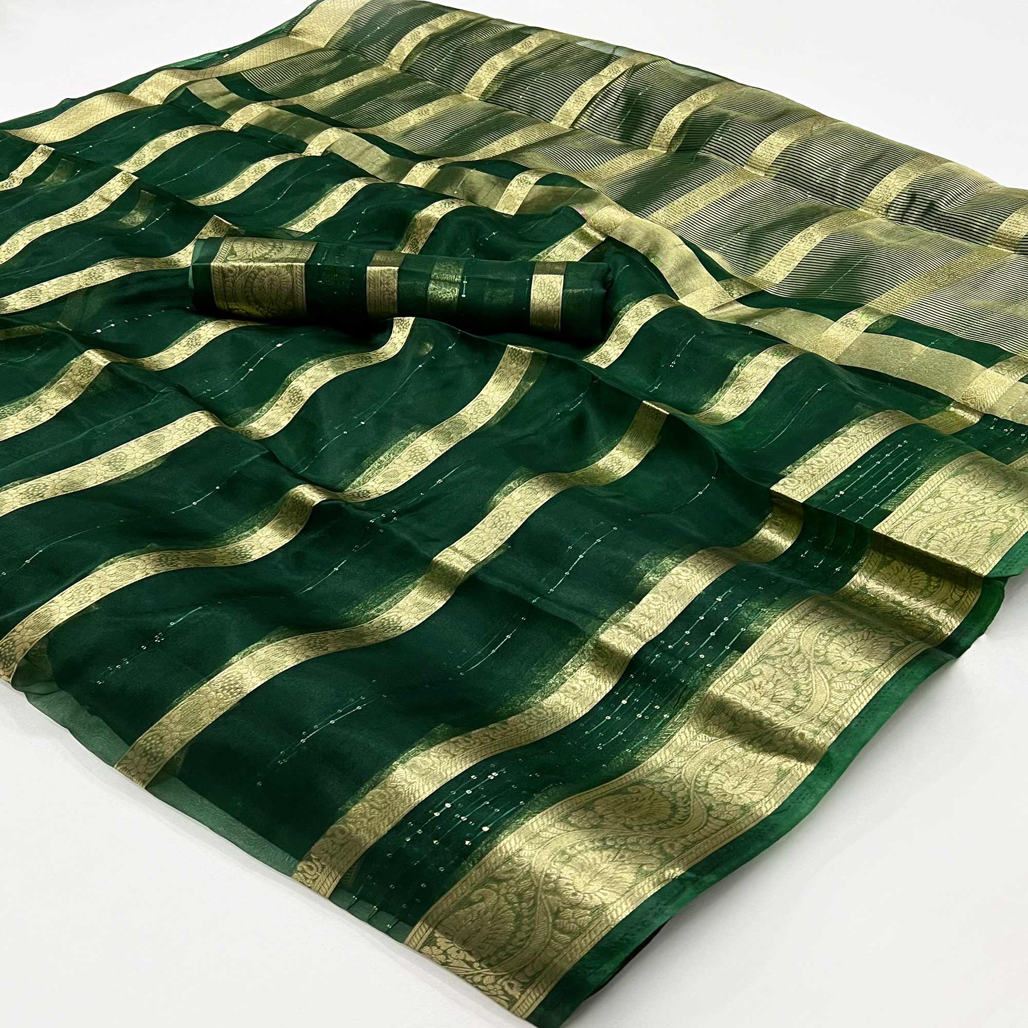 Peachmode Bottle Green Woven Organza Saree – Women's