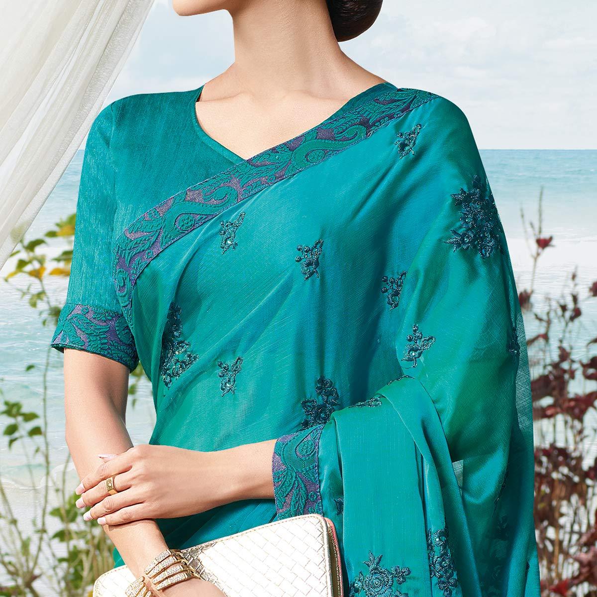 Peachmode Flamboyant Rama Blue Colored Partywear Embroidered Georgette Saree - view 2