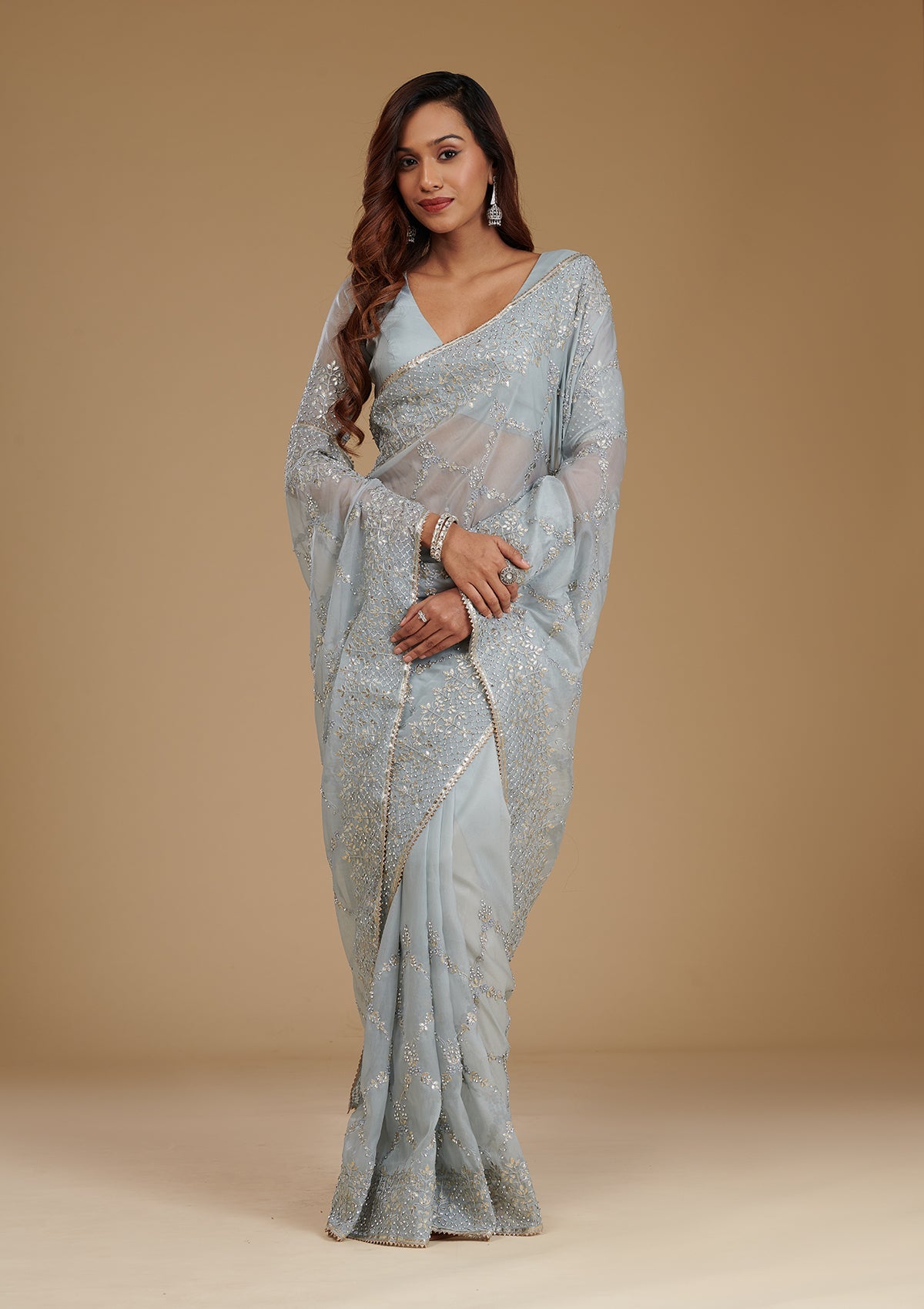 Koskii Grey Gotapatti Tissue Saree – Women's