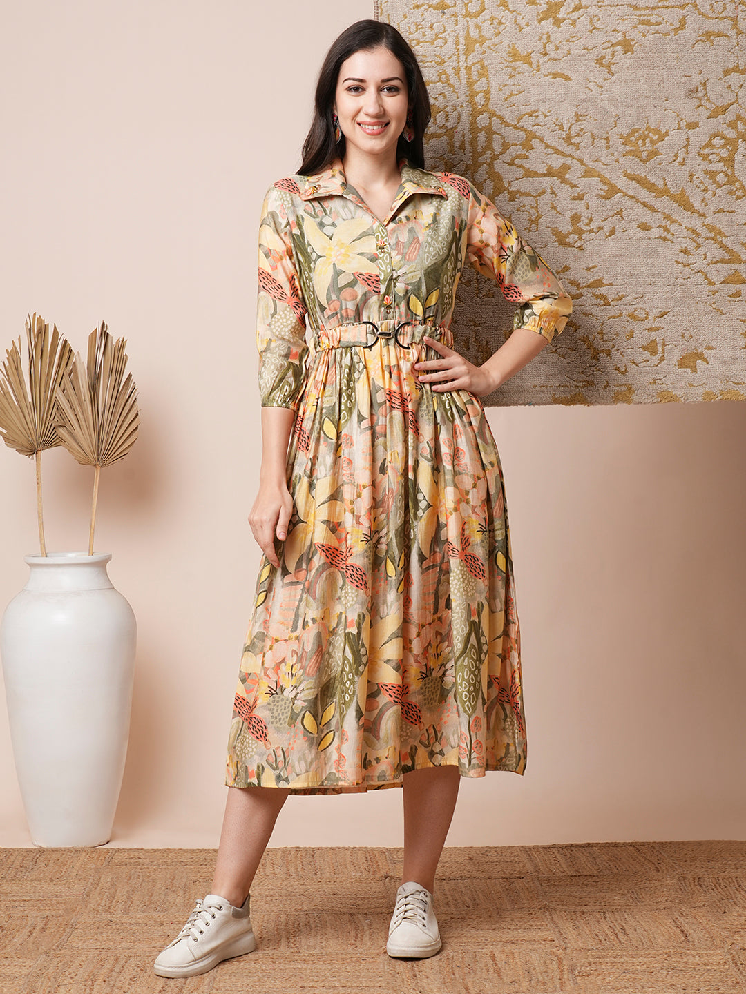 FASHOR Abstract Geometric Printed A-Line Pleated Midi Dress with Buckle Belt - Multi