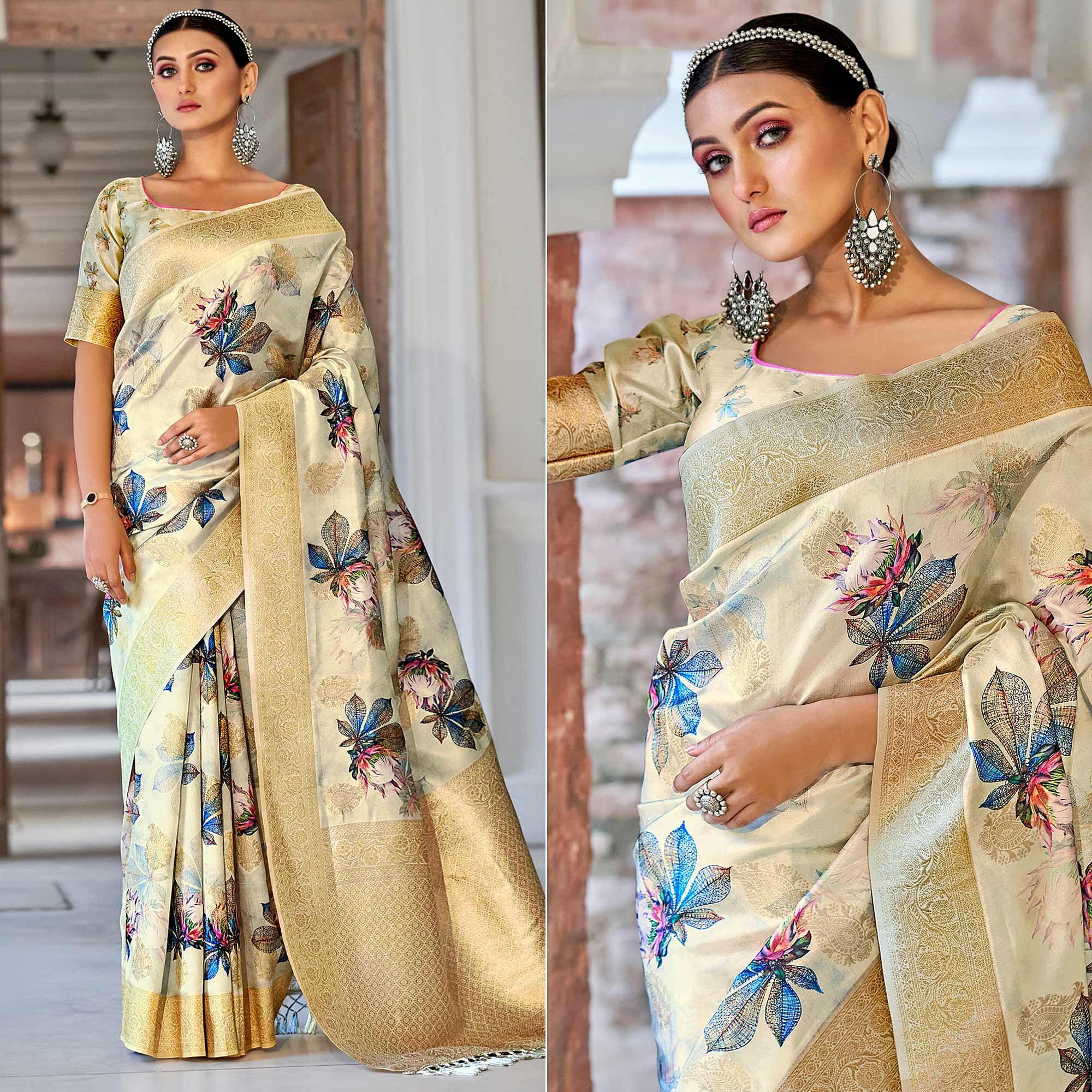 Peachmode Cream Festive Wear Floral Printed With Woven With Woven Jacquard Saree