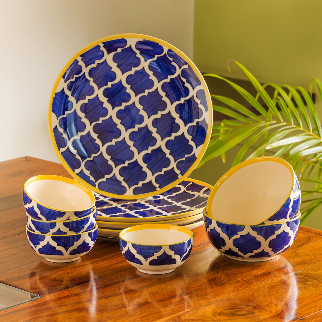 EXCLUSIVELANE Blue - 'Moroccan Dining' Handpainted Ceramic Dinner Plates With Katoris & Serving Bowls (10 Pieces, Serving for 4)