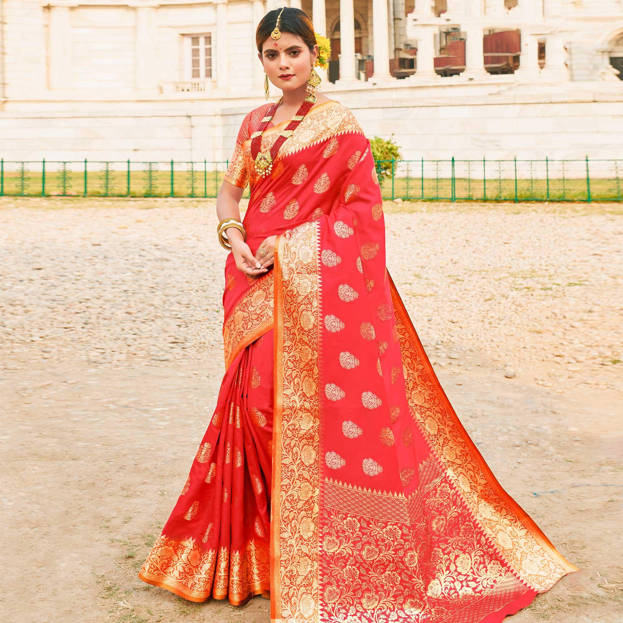 Peachmode Classy Red Colored Festive Wear Woven Silk Sareee