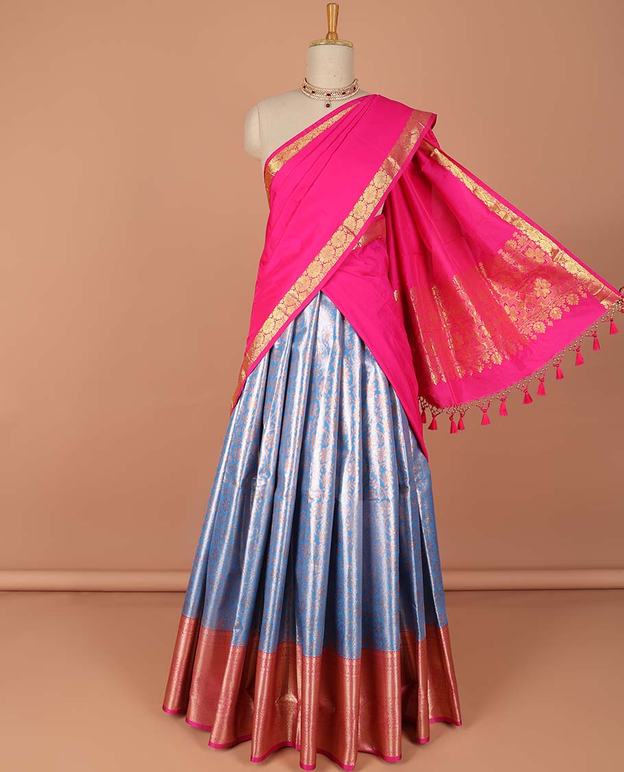 Pothys Blue floral vine design art-silk half saree, contrast traditional zari border,zari design blouse & intricate dhavani