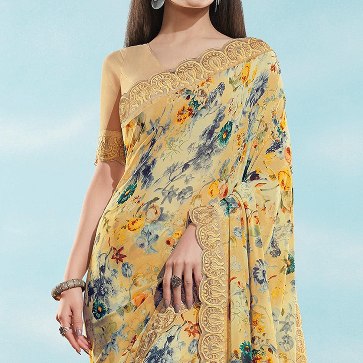 Peachmode Cream Floral Printed With Embroidered Border Georgette Saree - view 3