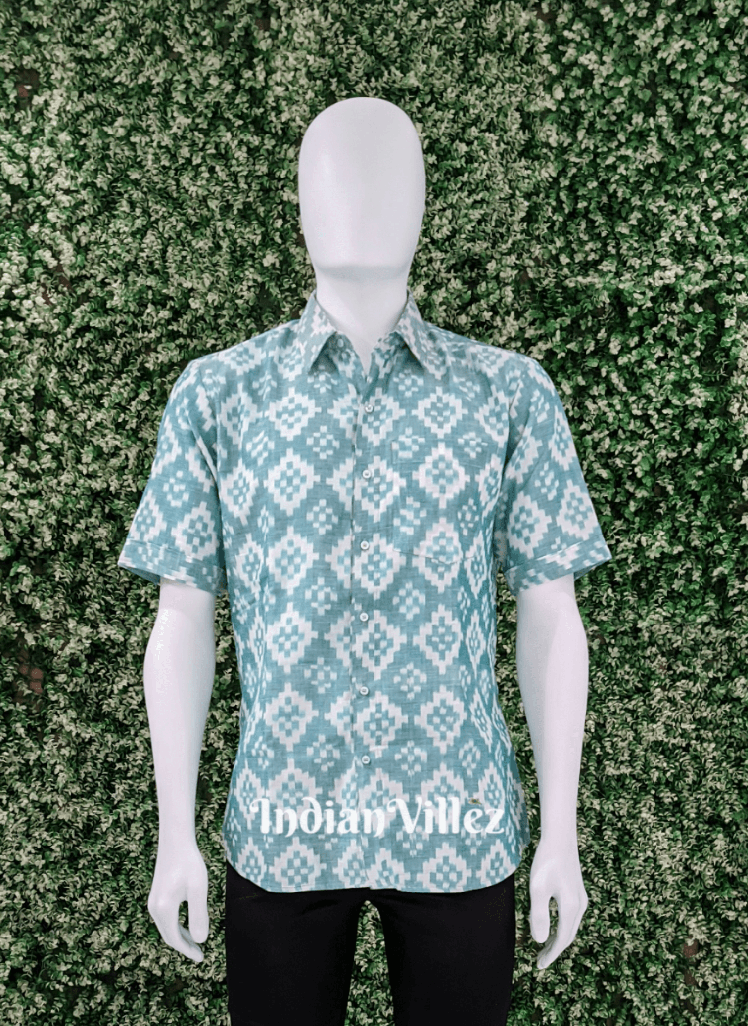 IndianVillèz Mint Green Pasapali Cotton Ikat Half Shirt for Men