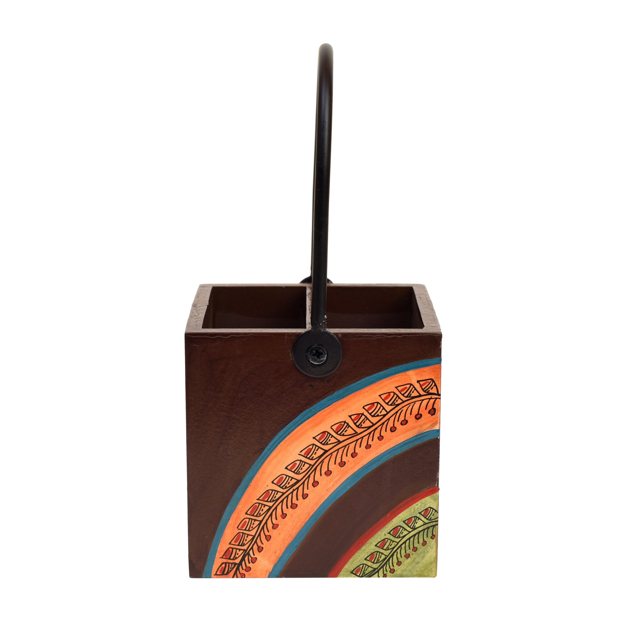 ART CREATIONS BY SUMAN SONTHALIA Brown - Cutlery Stand with Floral Patterns Handcrafted in Wood with Iron Handle (4x4x8.5) - view 4