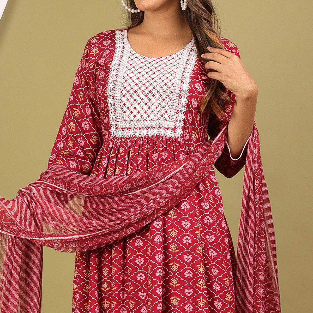 Peachmode Seller Maroon Printed With Embroidered Rayon Naira Cut Suit - view 3
